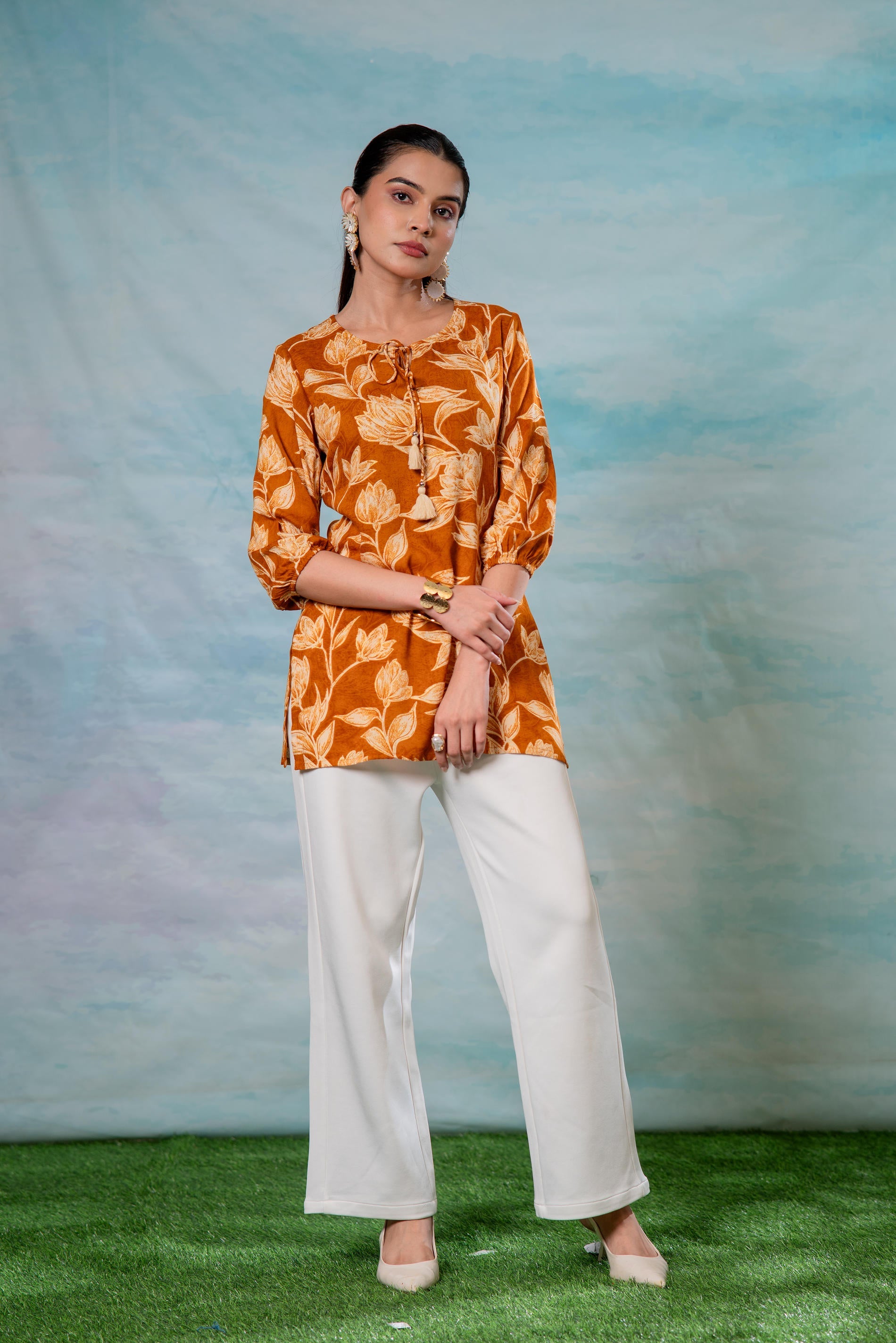 Mustard Floral Printed Viscose Tunic