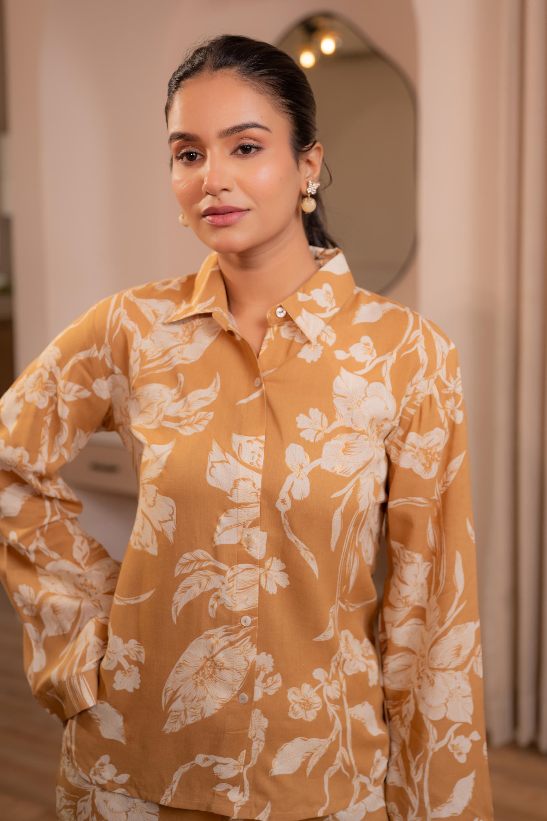 Mustard Floral Printed Co-ord Set with Button Details