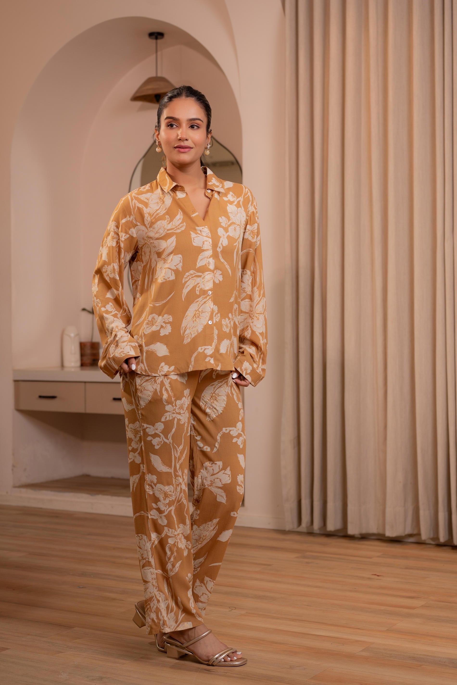 Mustard Floral Printed Co-ord Set with Button Details