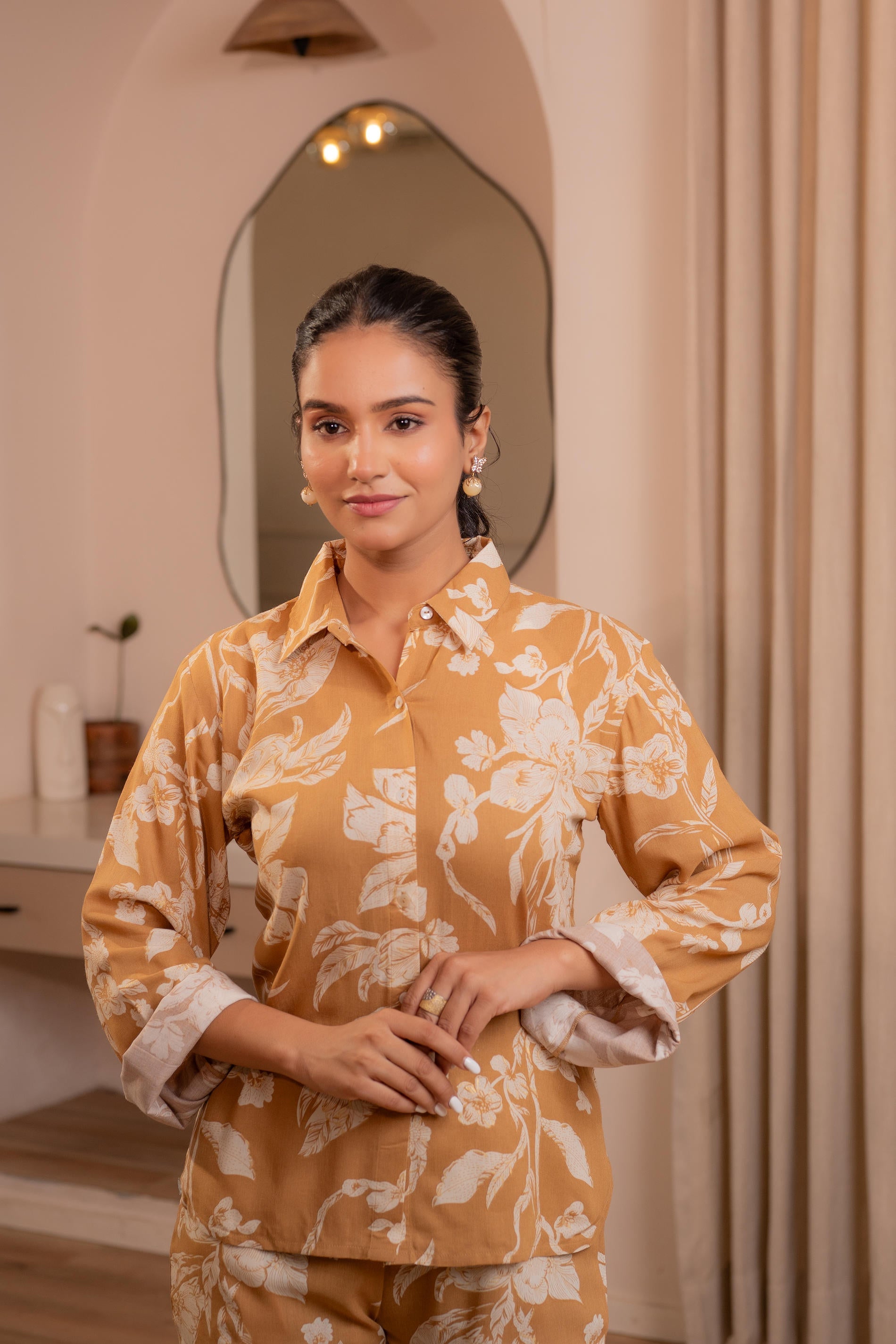 Mustard Floral Printed Co-ord Set with Button Details