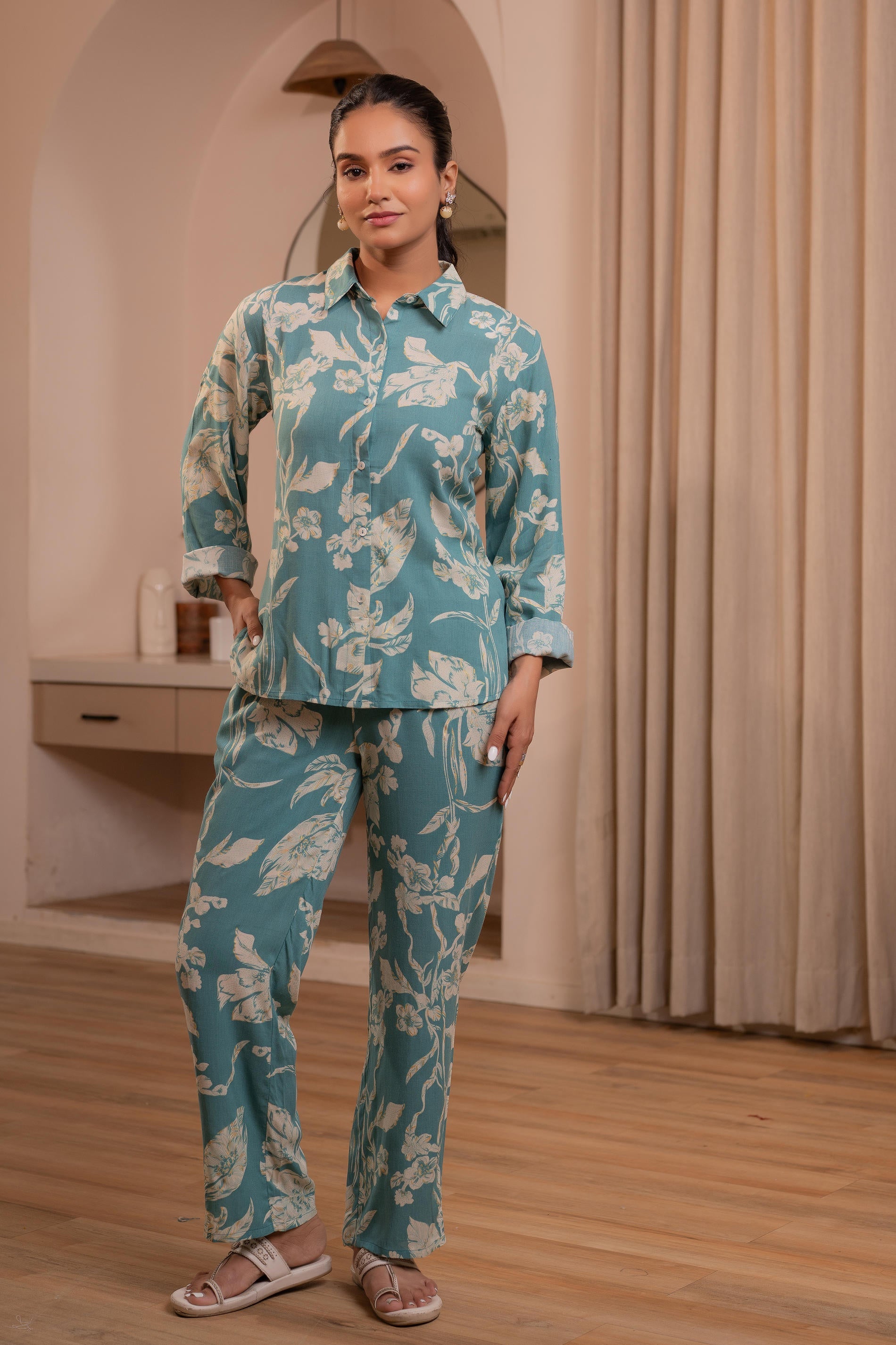 Teal Floral Printed Co-ord Set with Button Details