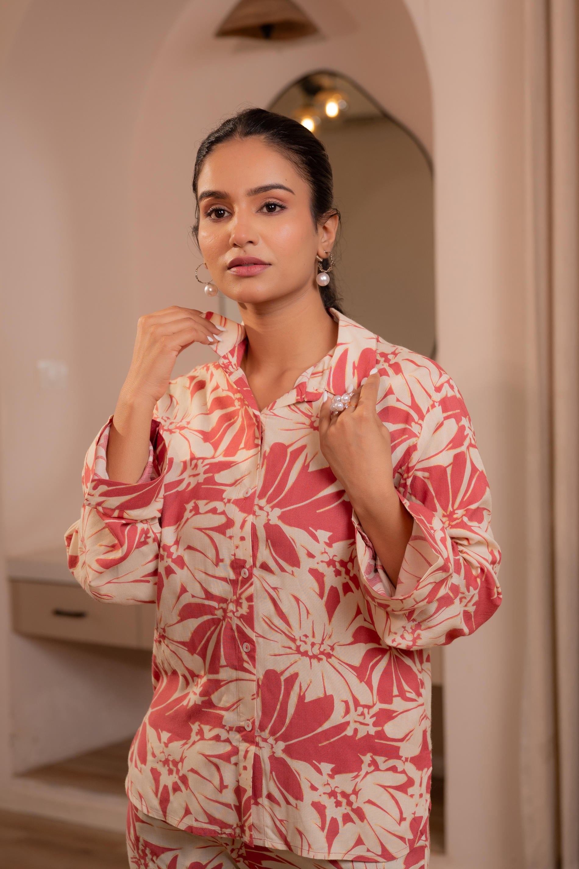 Dusty Pink Floral Printed Co-ord Set with Button Details
