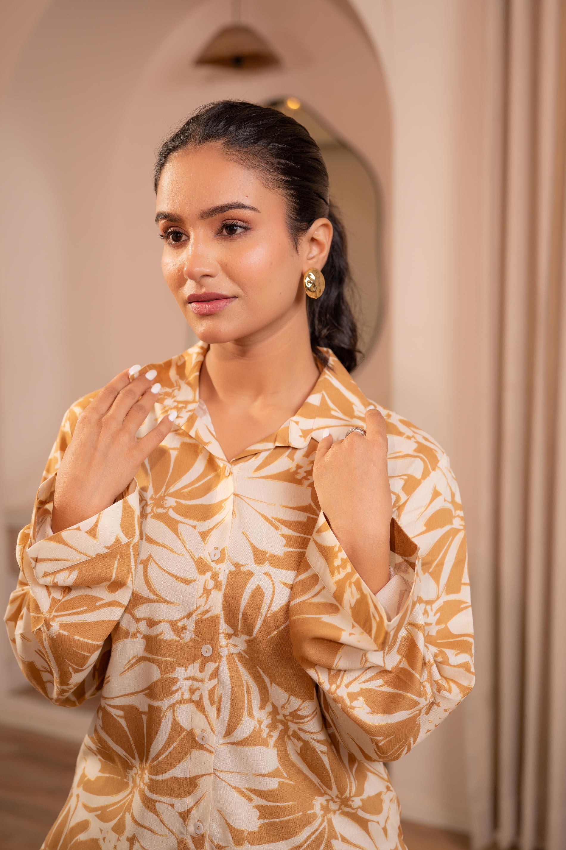 Brown Floral Printed Co-ord Set with Button Details