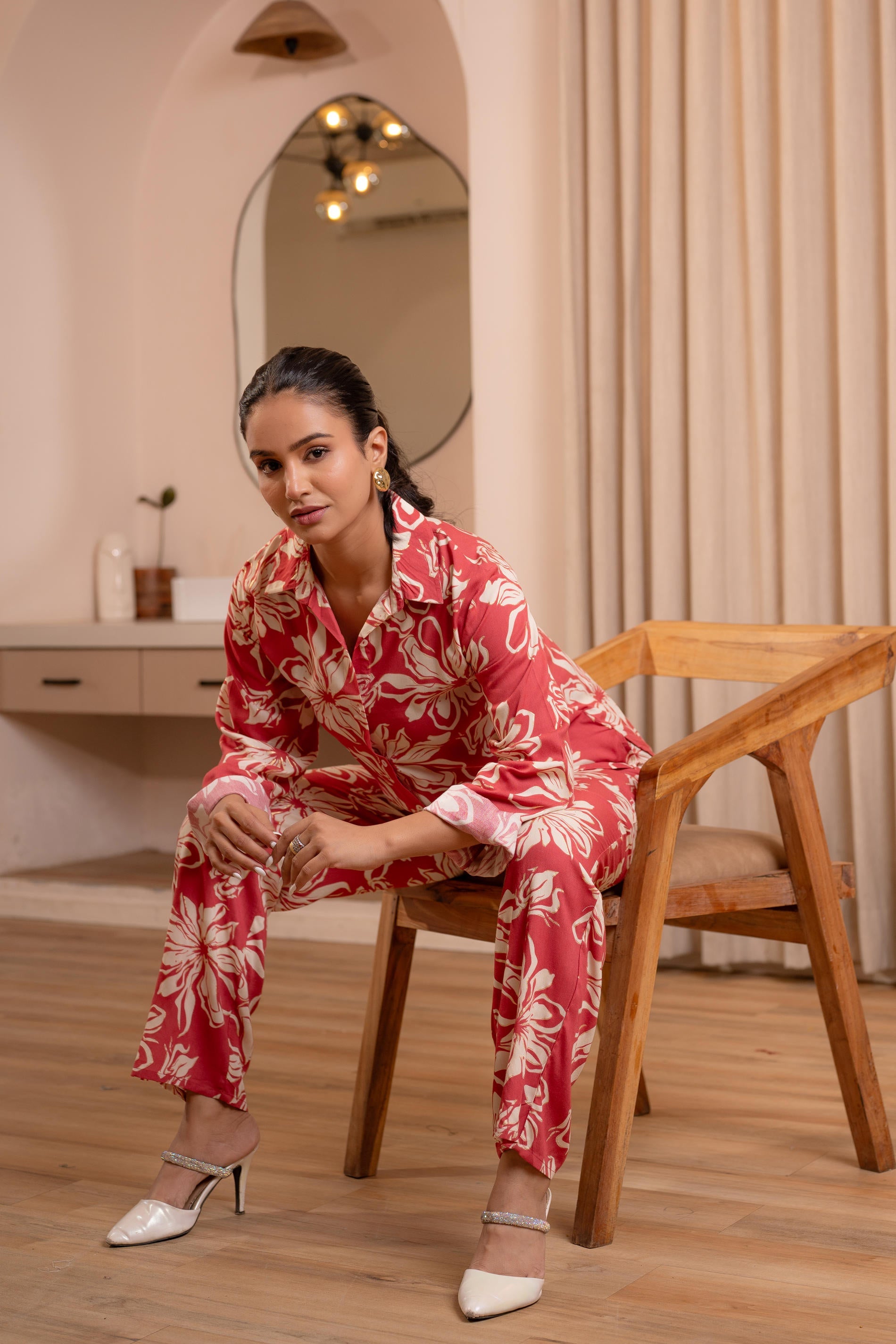 Dusty Pink Floral Printed Co-ord Set with Button Details