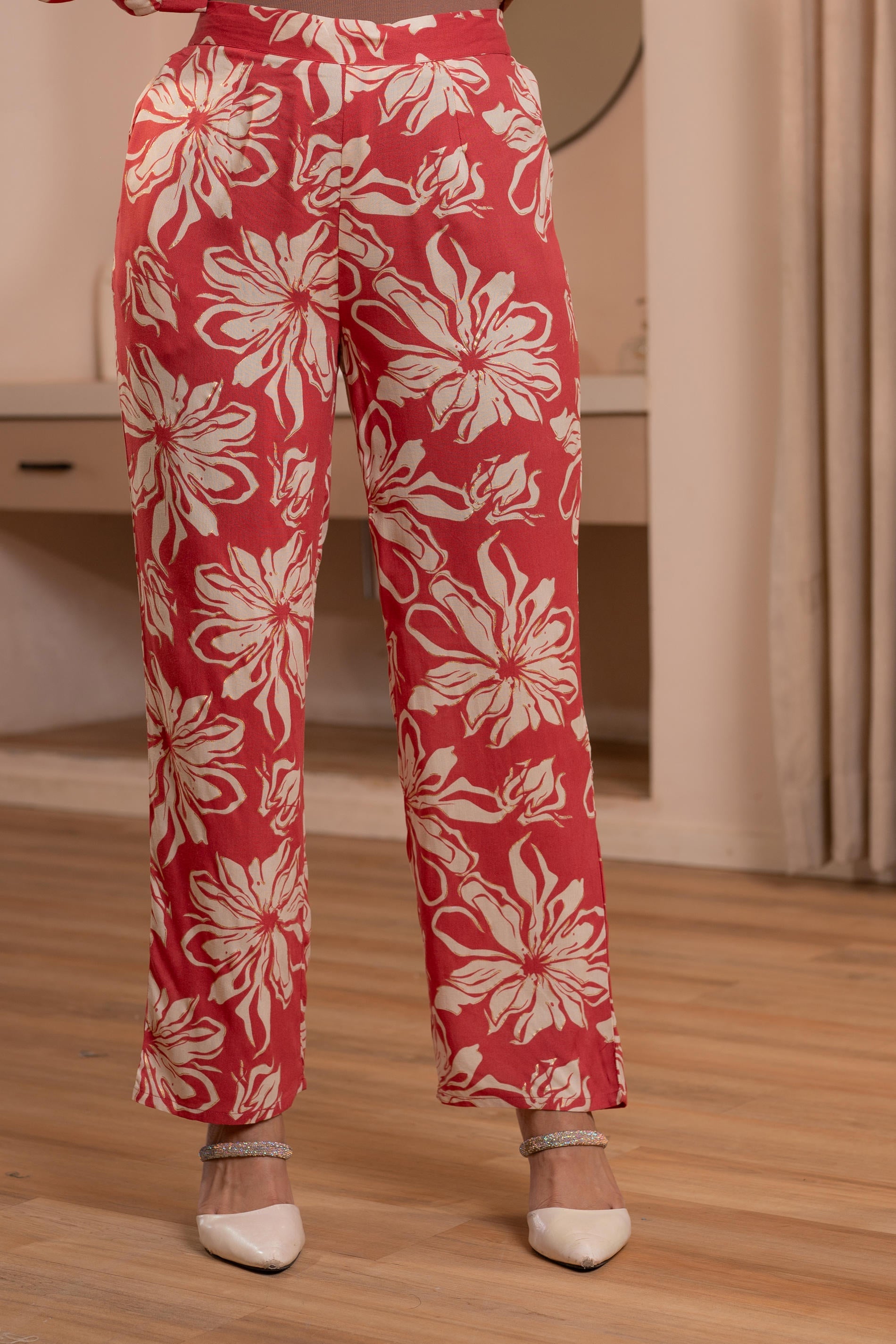 Dusty Pink Floral Printed Co-ord Set with Button Details