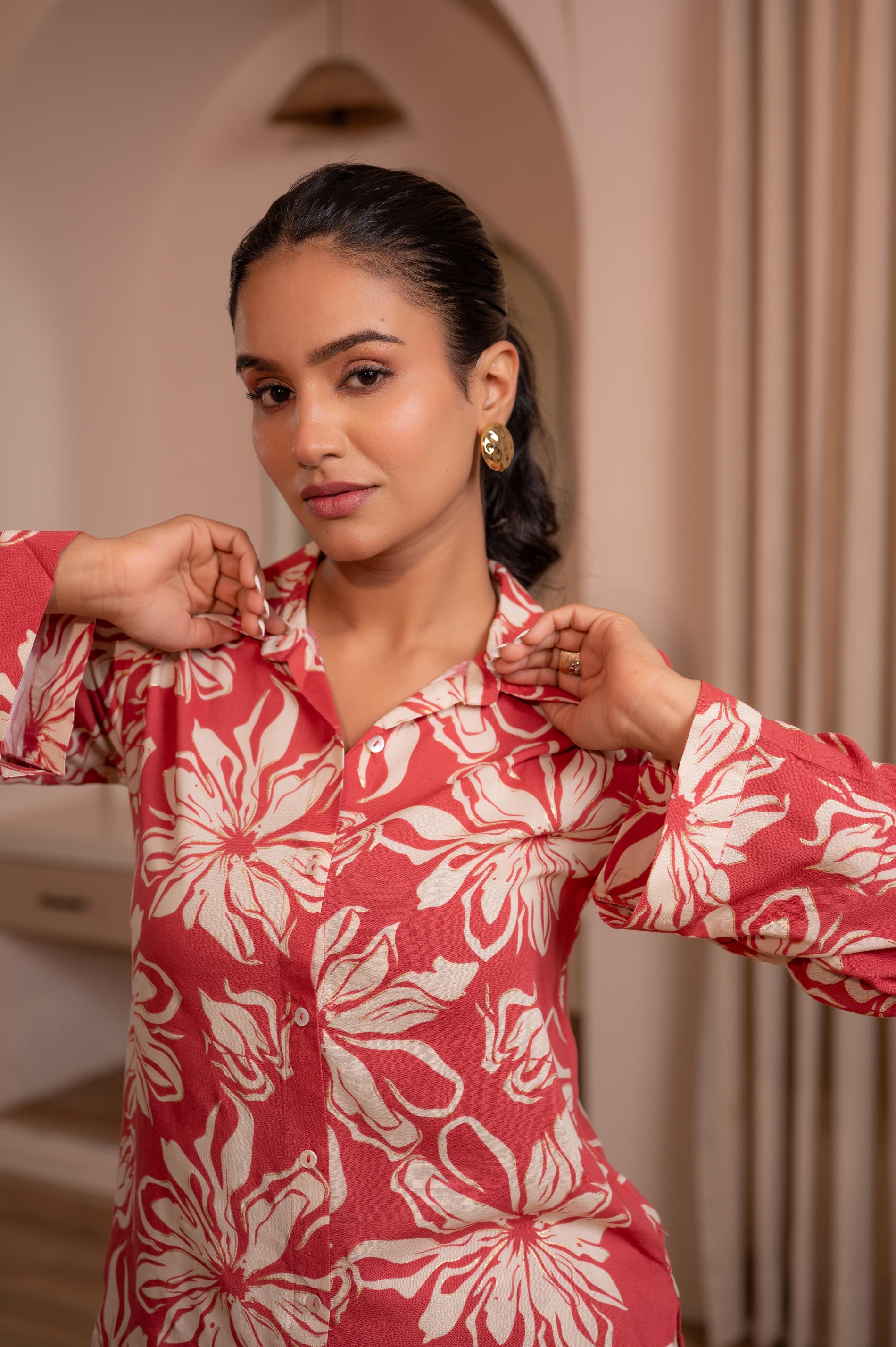 Dusty Pink Floral Printed Co-ord Set with Button Details