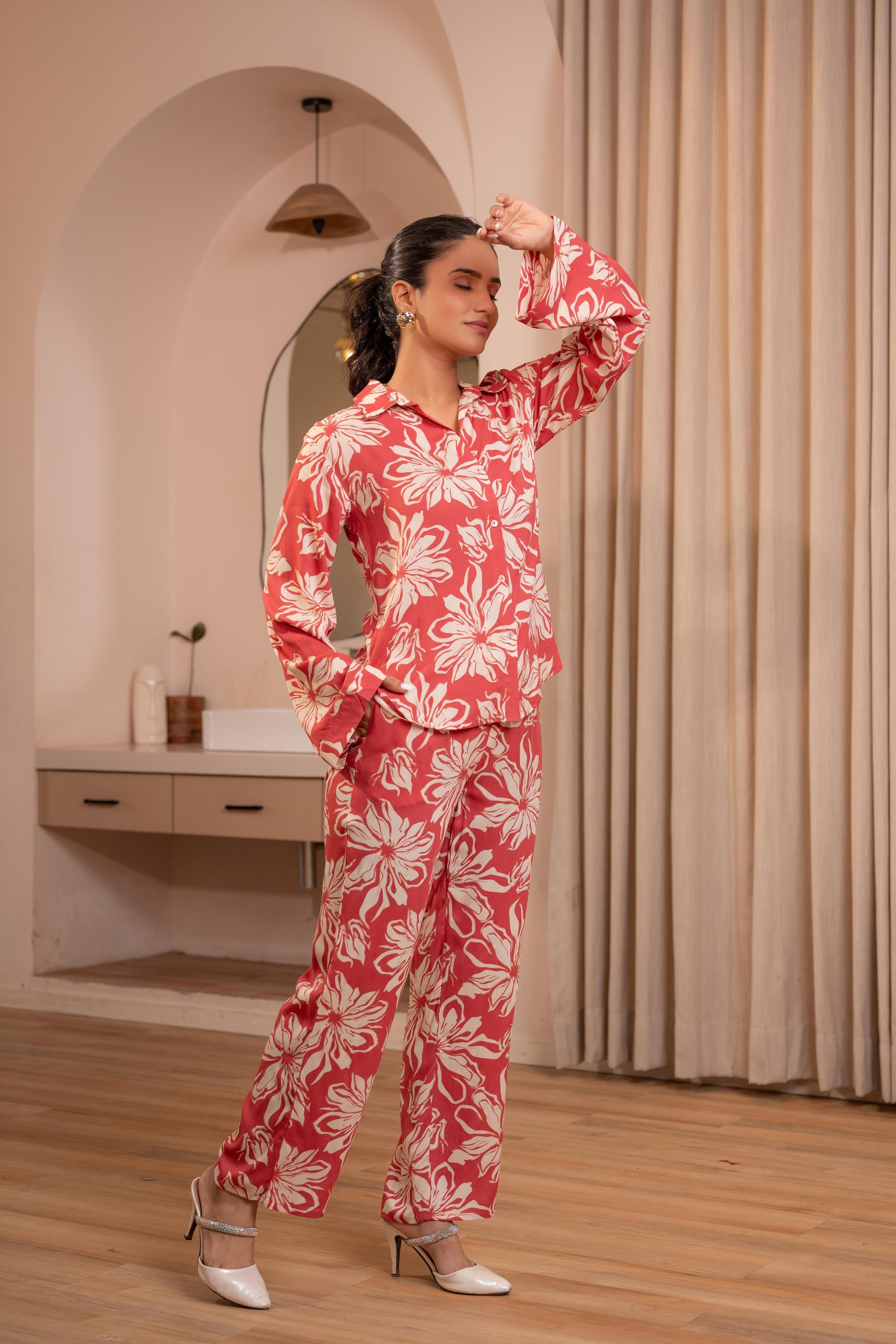 Dusty Pink Floral Printed Co-ord Set with Button Details