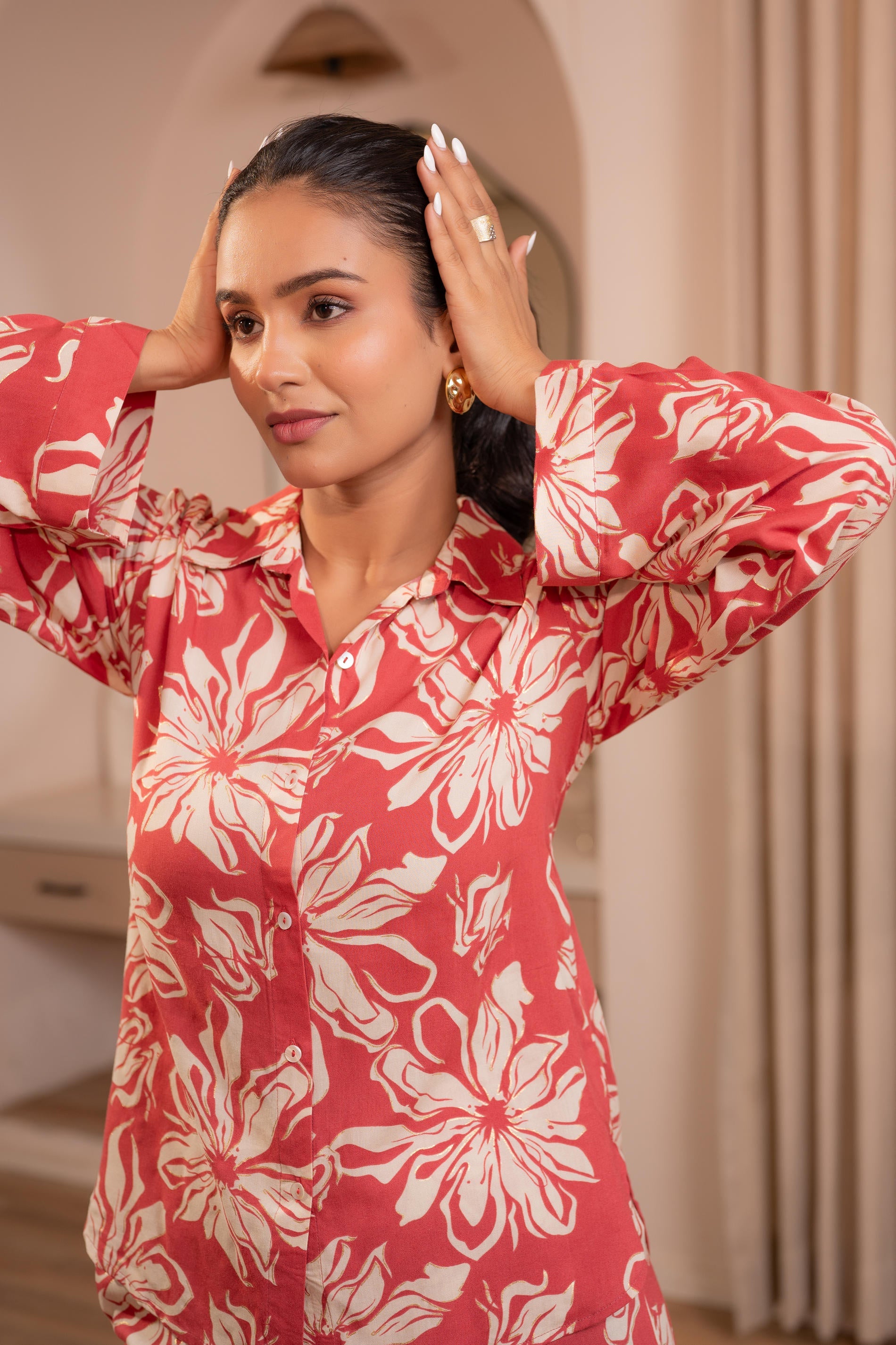 Dusty Pink Floral Printed Co-ord Set with Button Details