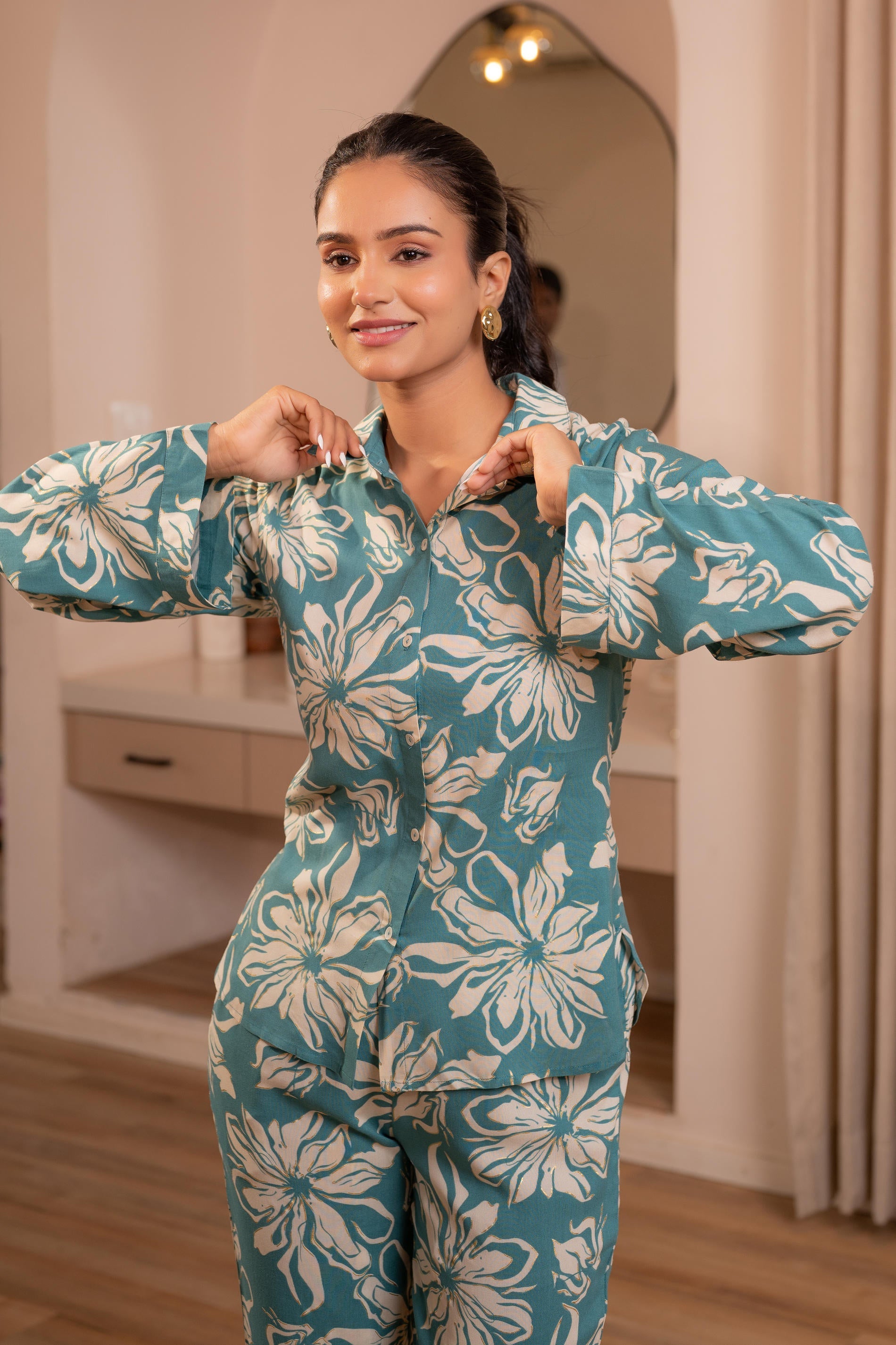 Mint Floral Printed Co-ord Set with Button Details