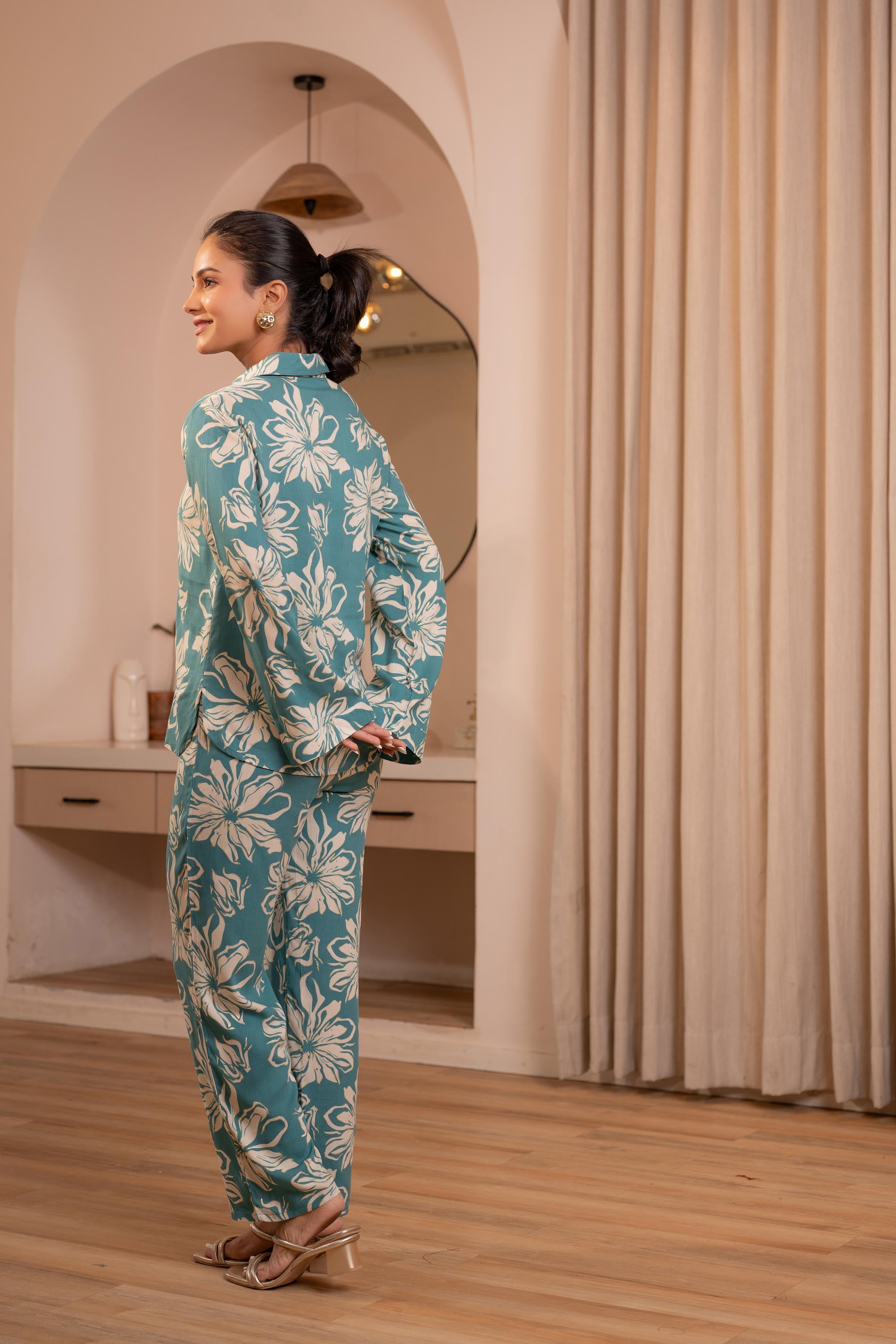 Mint Floral Printed Co-ord Set with Button Details