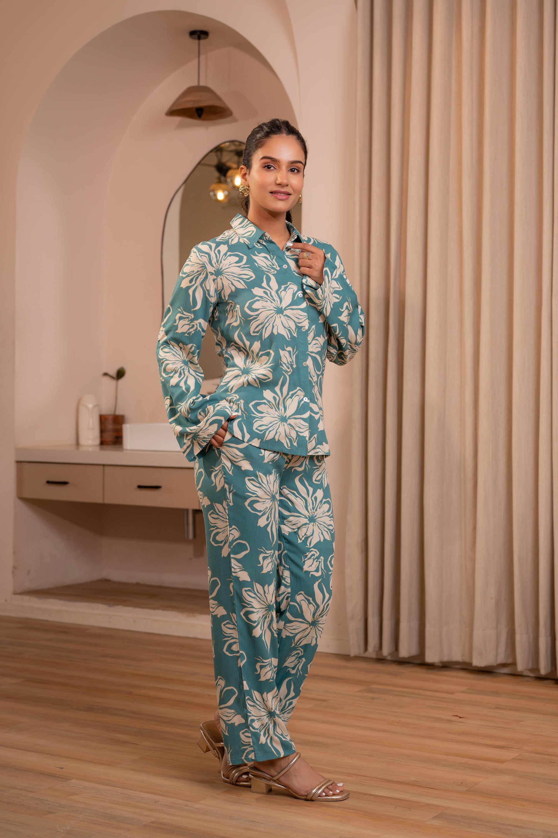 Mint Floral Printed Co-ord Set with Button Details