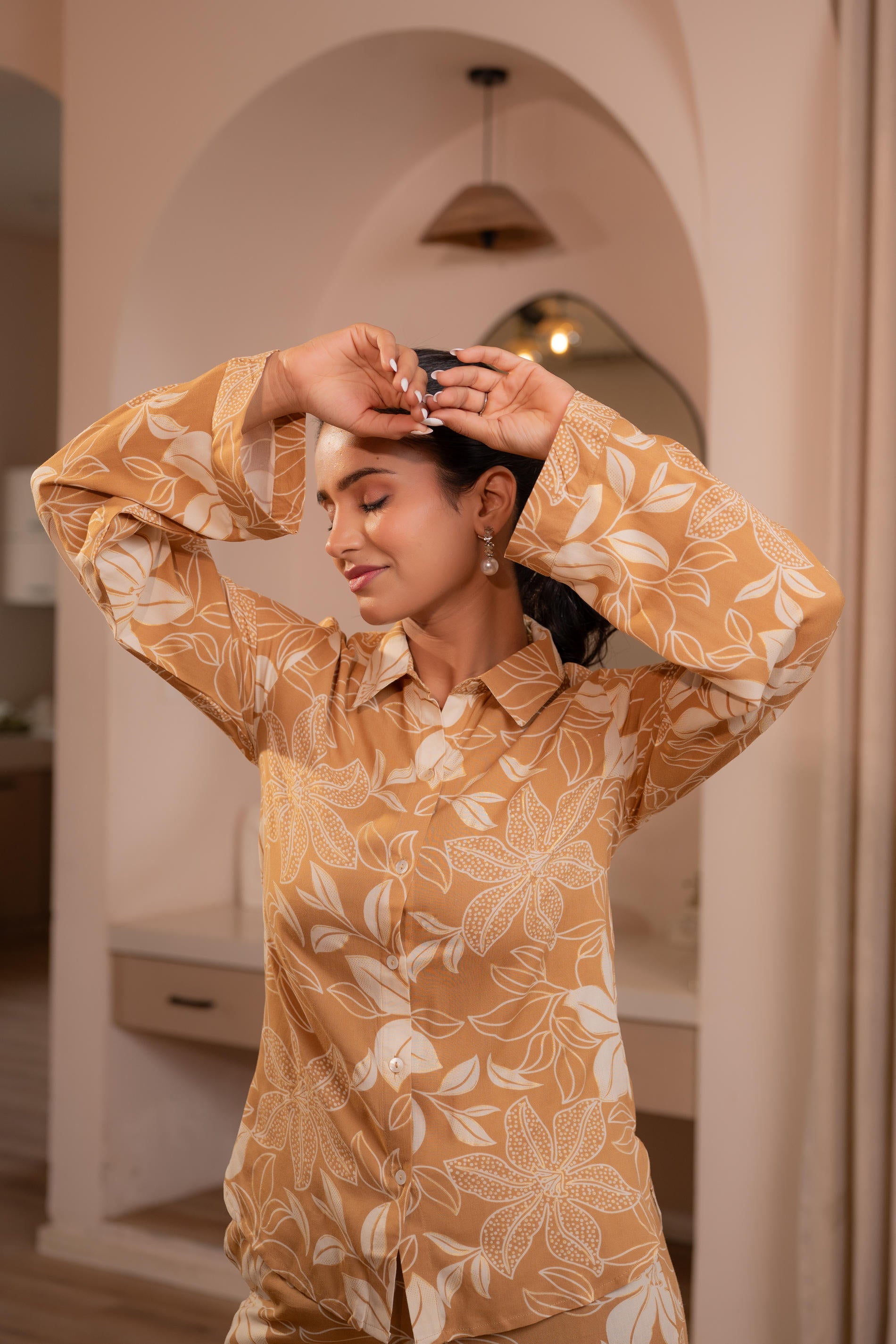 Brown Floral Printed Co-ord Set with Button Details