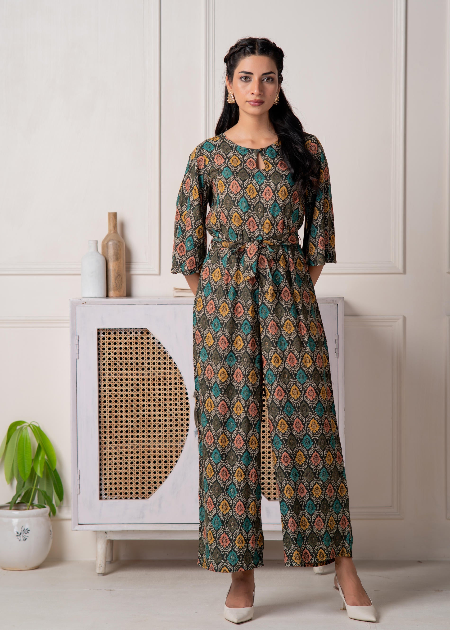 Green Floral Printed Viscose Jumpsuit with Belt