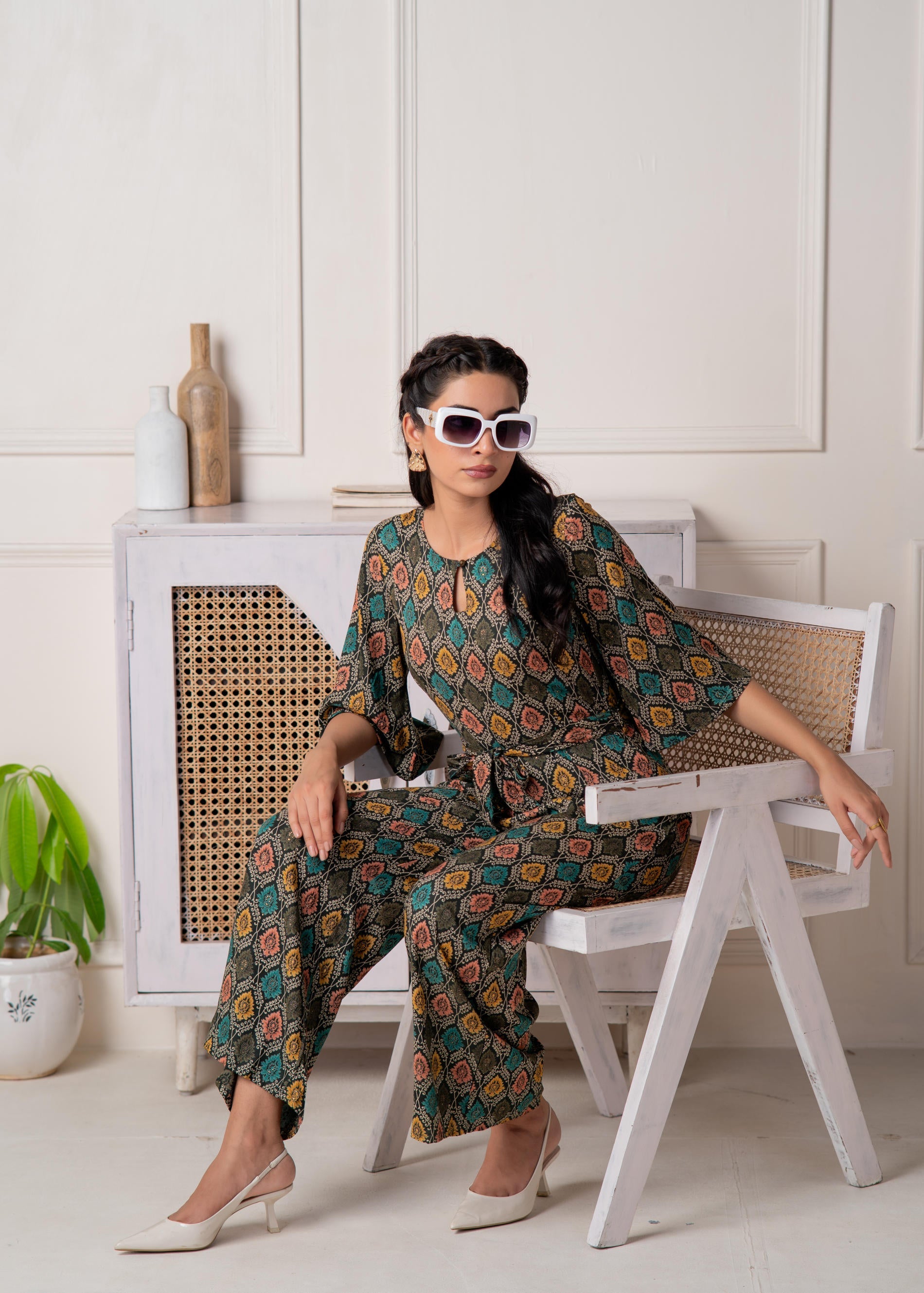 Green Floral Printed Viscose Jumpsuit with Belt