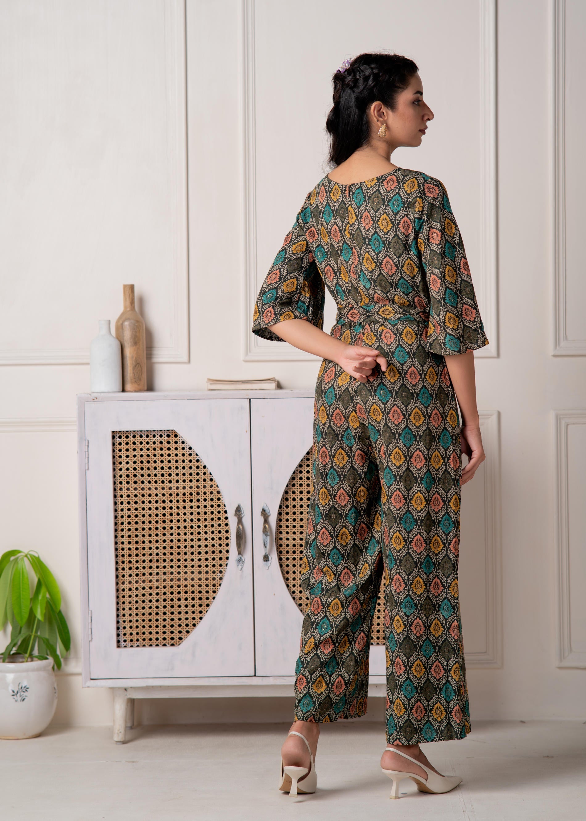 Green Floral Printed Viscose Jumpsuit with Belt