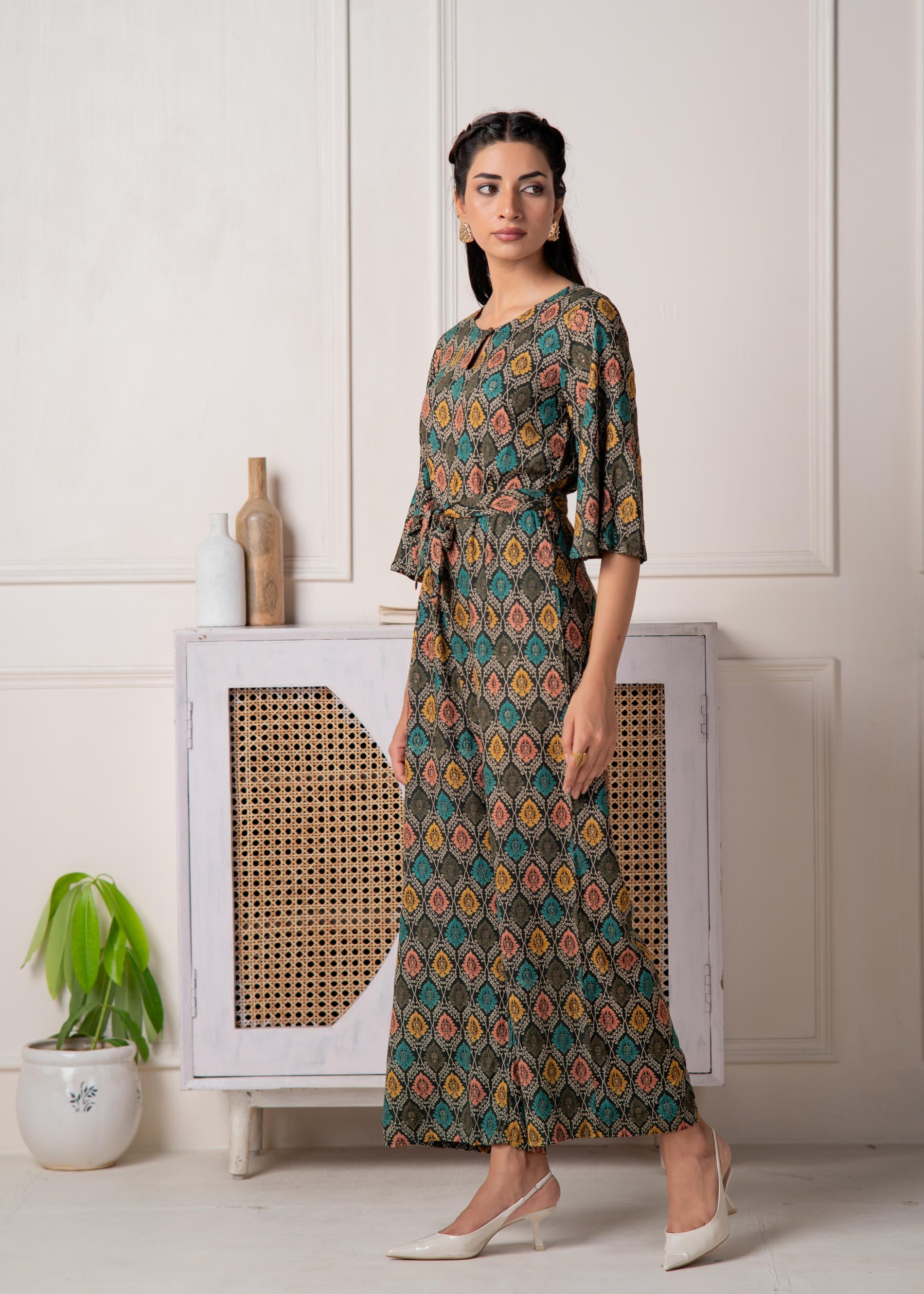 Green Floral Printed Viscose Jumpsuit with Belt
