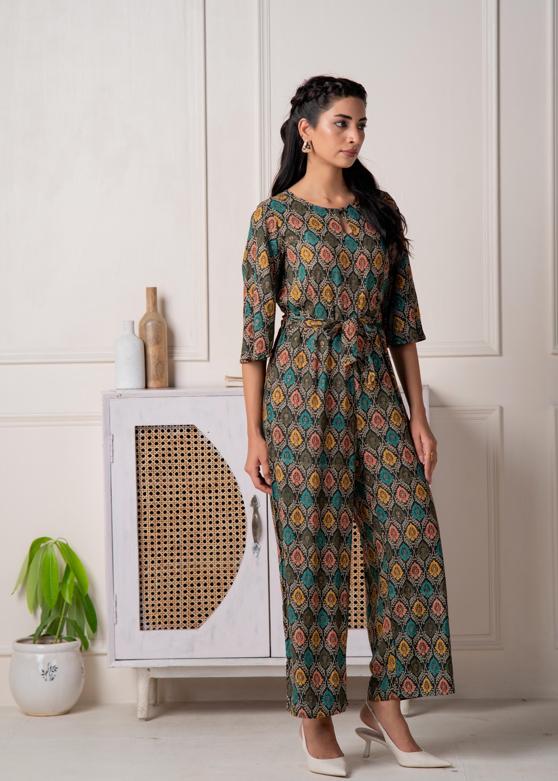 Green Floral Printed Viscose Jumpsuit with Belt