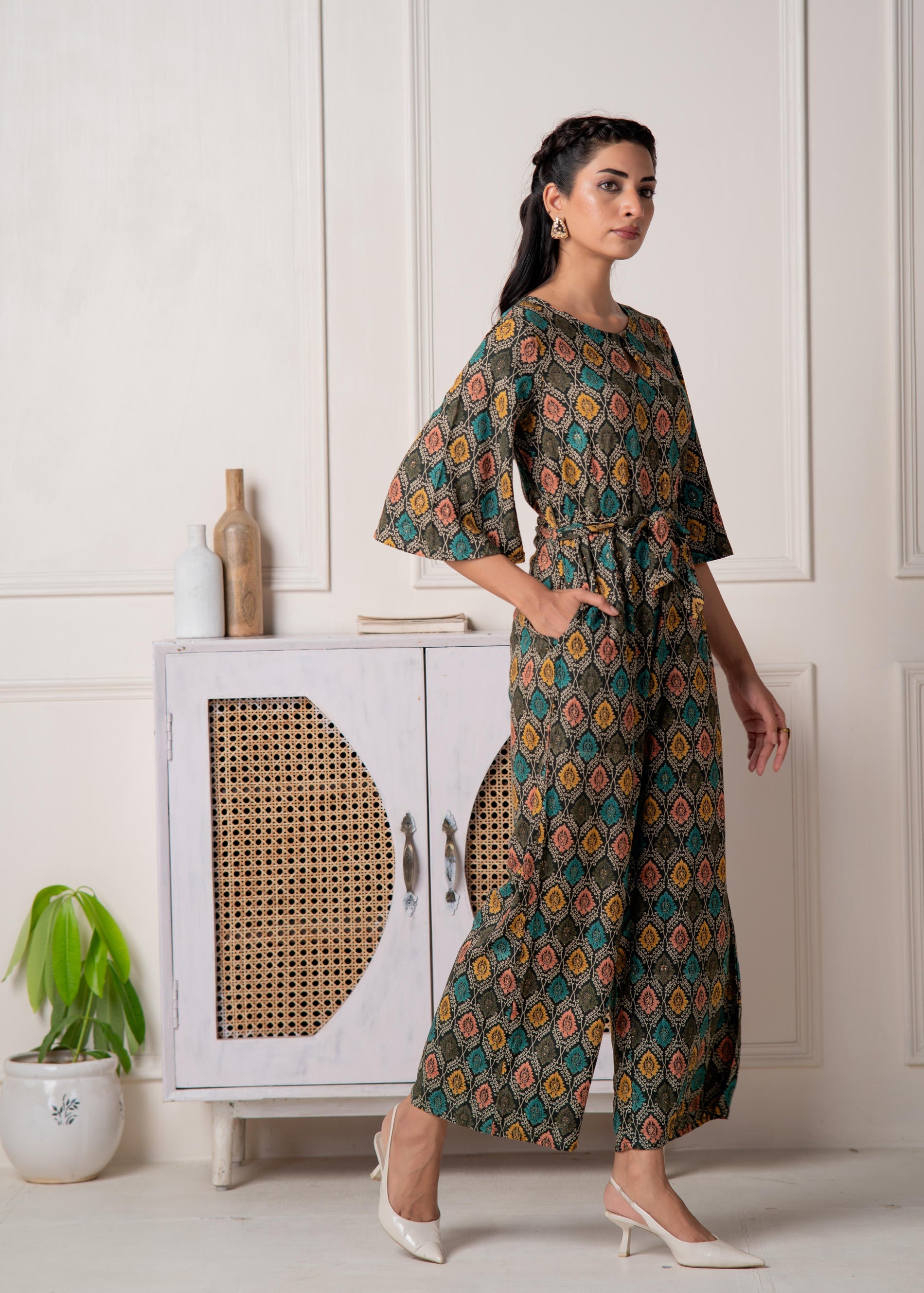 Green Floral Printed Viscose Jumpsuit with Belt