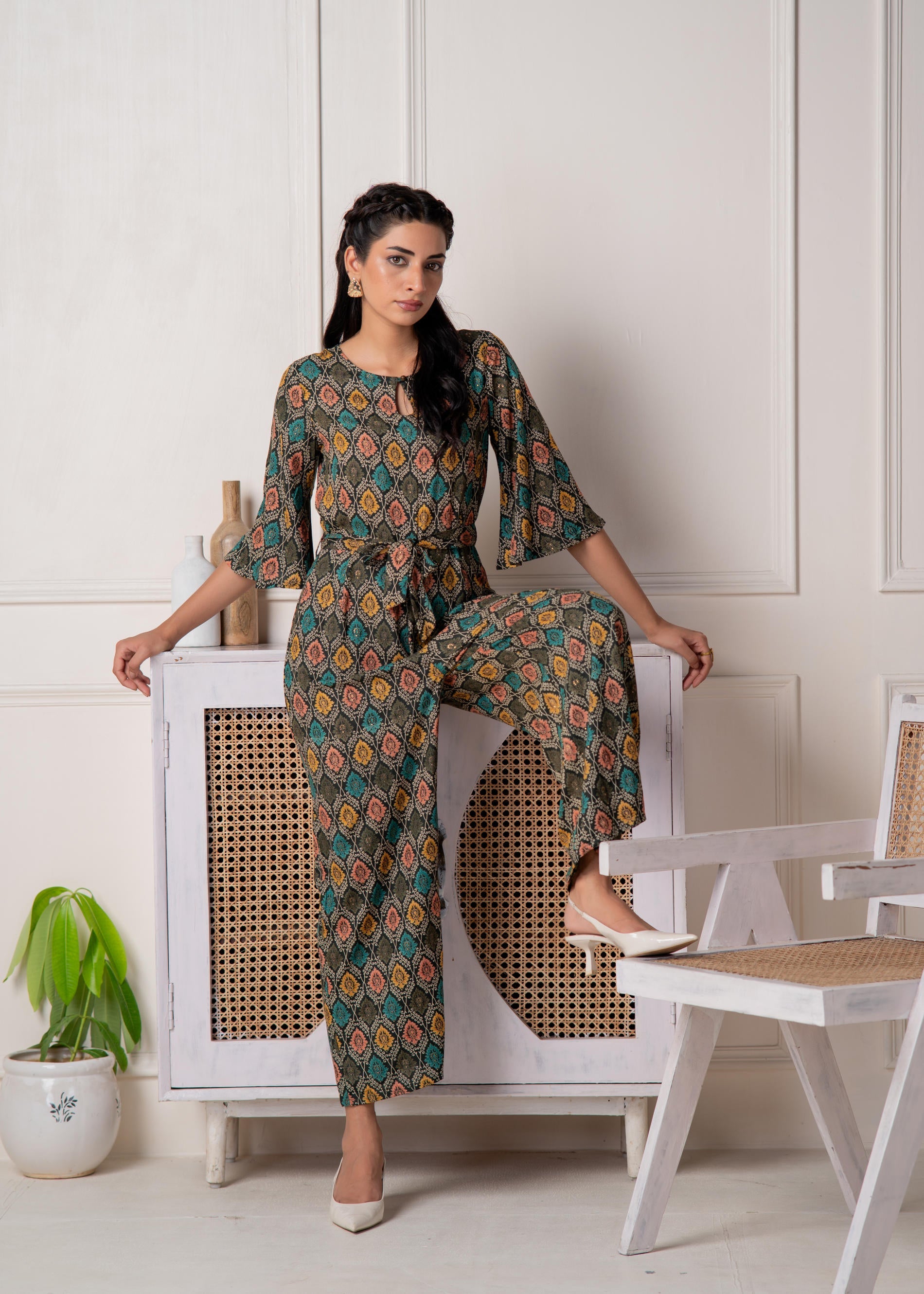 Green Floral Printed Viscose Jumpsuit with Belt