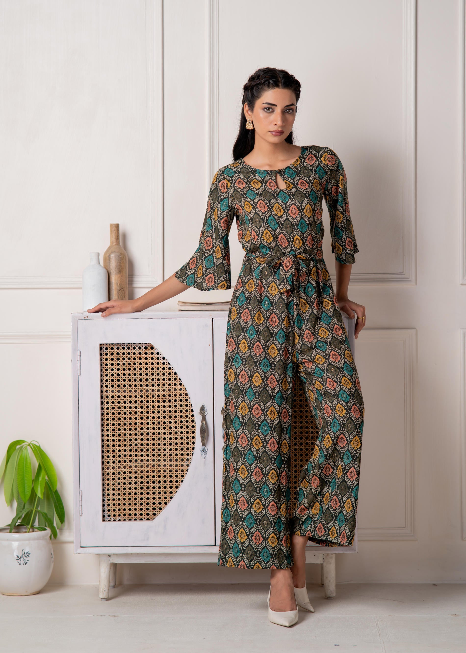 Green Floral Printed Viscose Jumpsuit with Belt