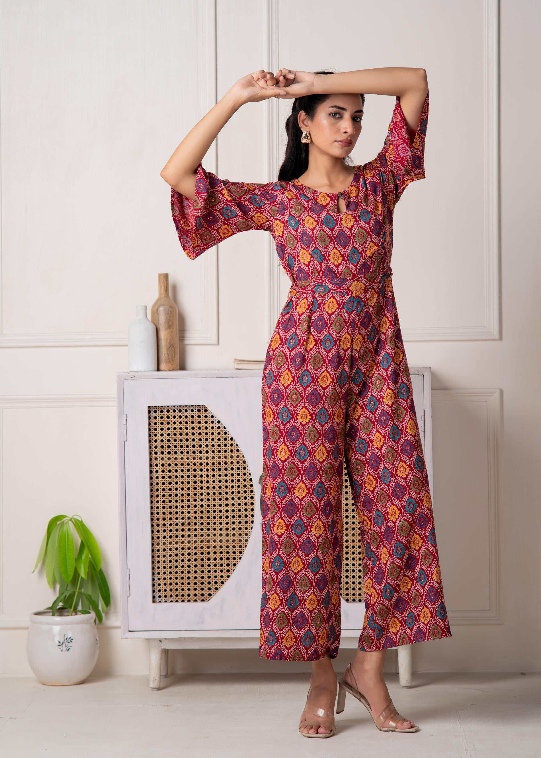 Red Floral Printed Viscose Jumpsuit with Belt