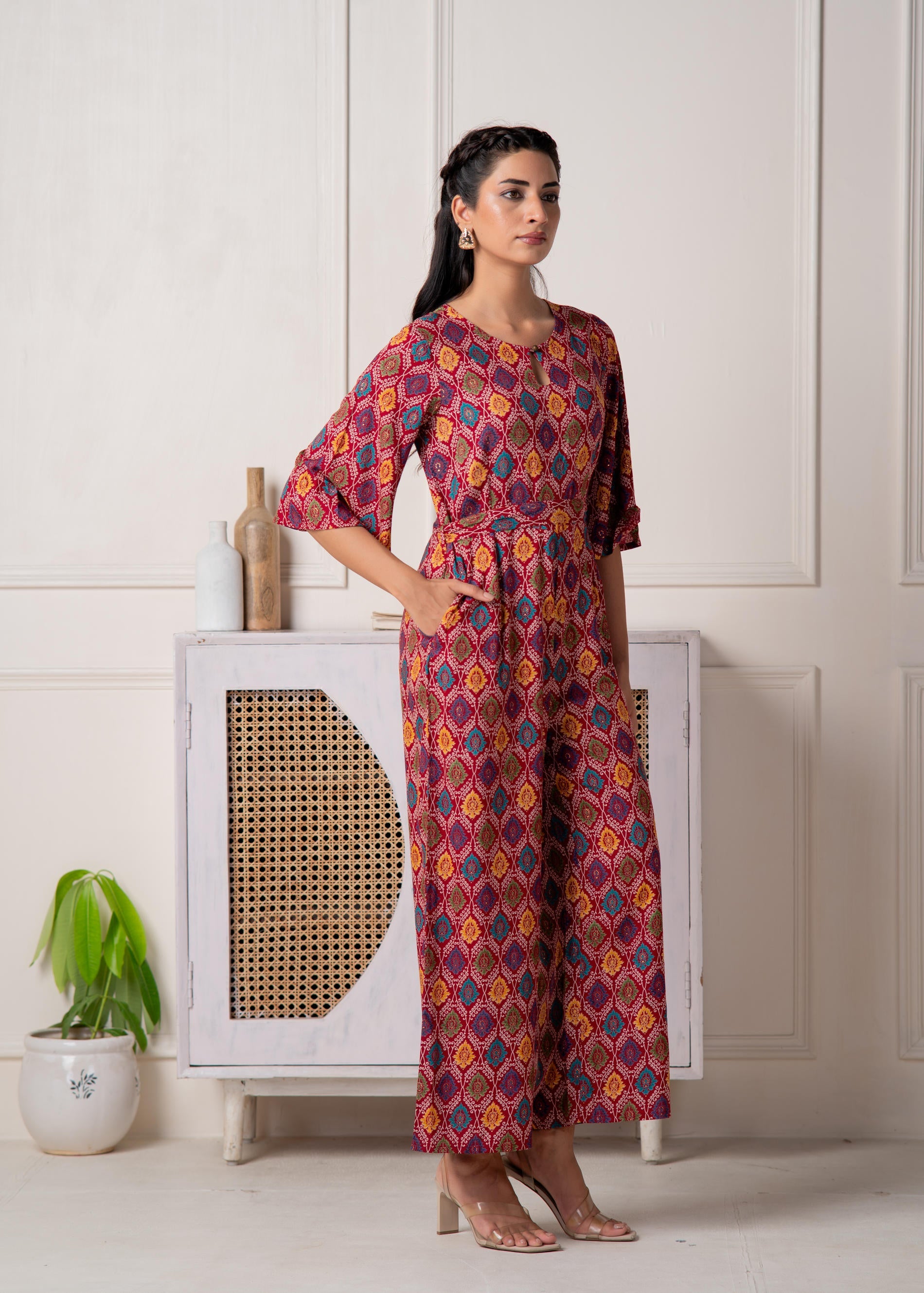 Red Floral Printed Viscose Jumpsuit with Belt