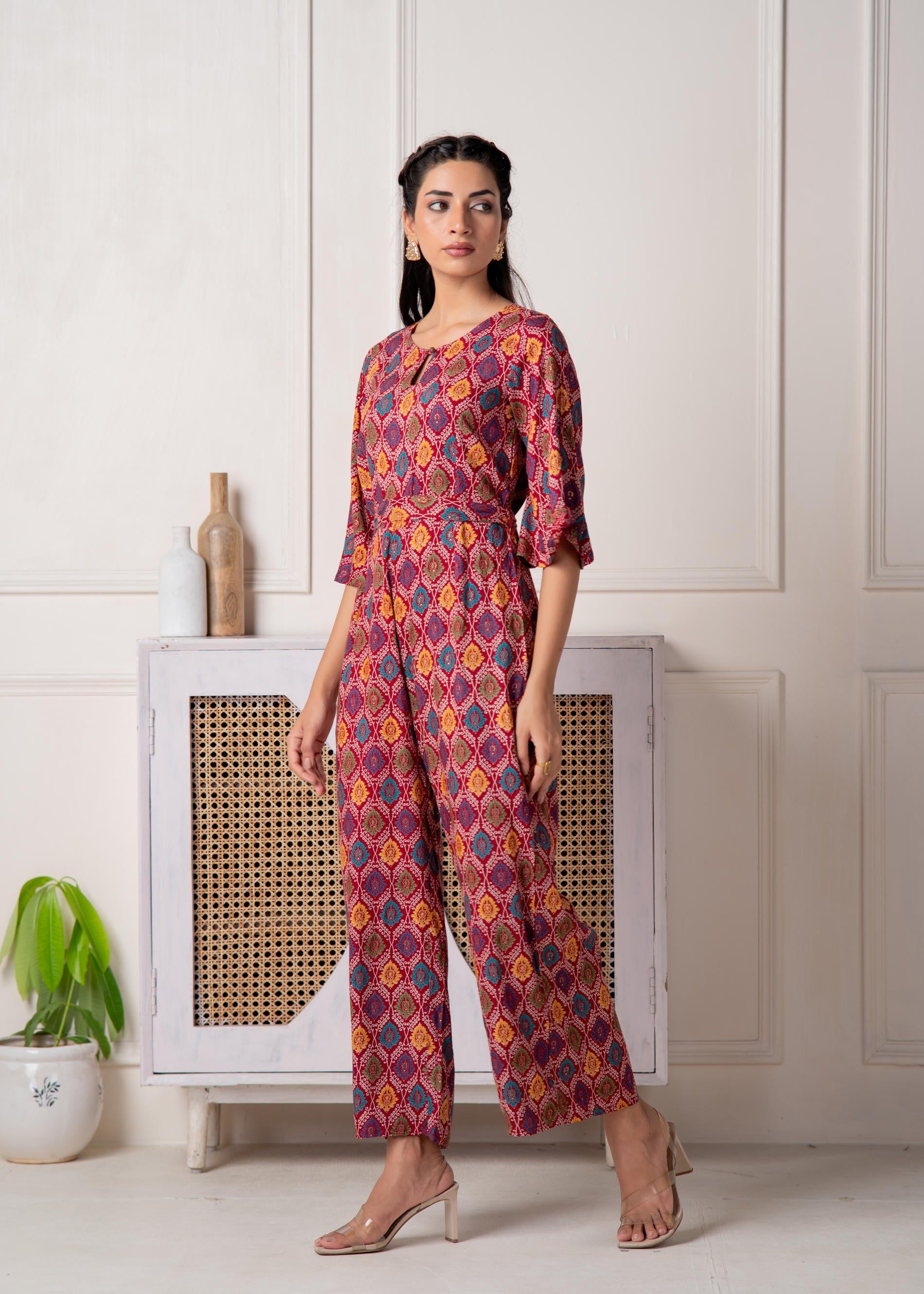 Red Floral Printed Viscose Jumpsuit with Belt