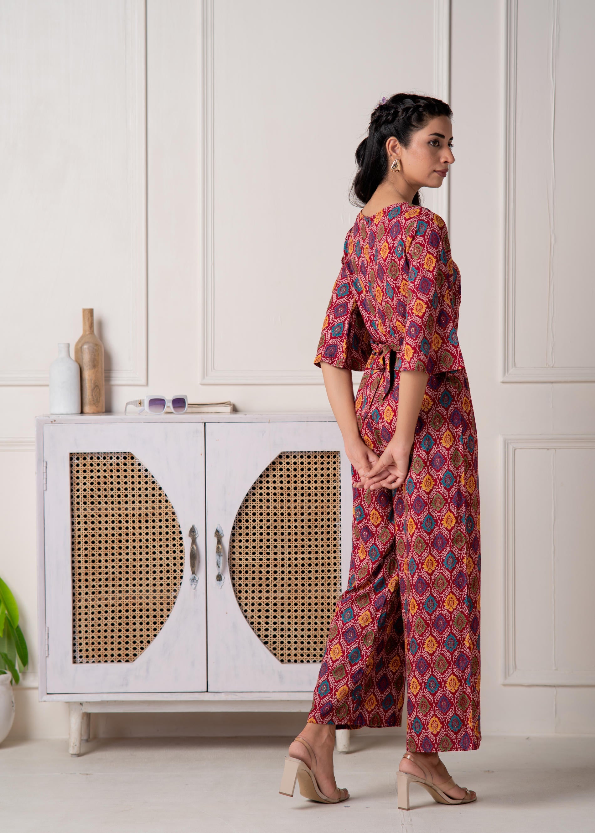 Red Floral Printed Viscose Jumpsuit with Belt