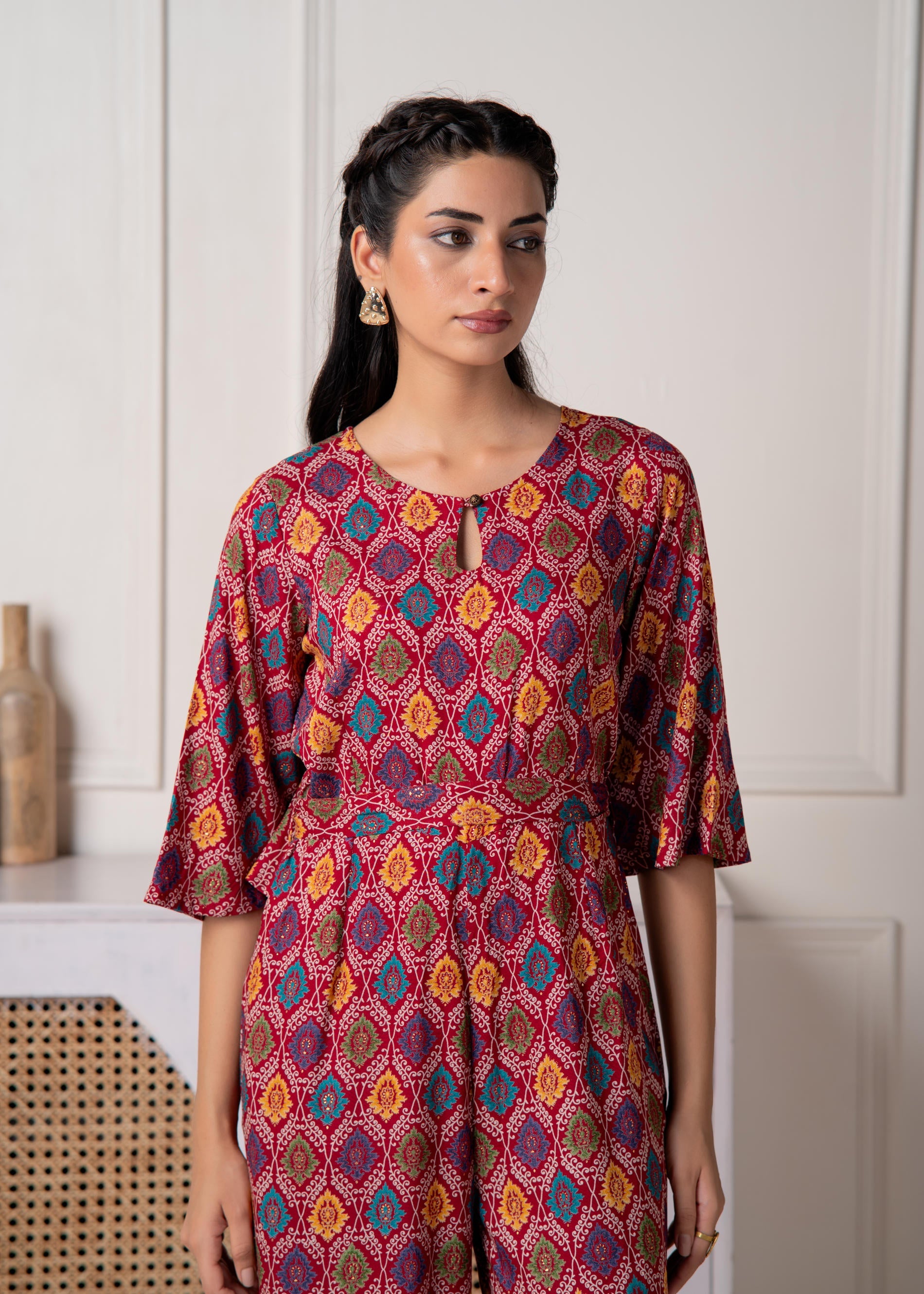 Red Floral Printed Viscose Jumpsuit with Belt