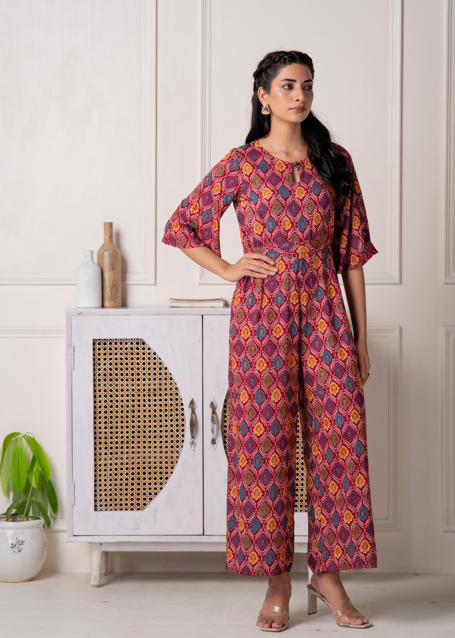 Red Floral Printed Viscose Jumpsuit with Belt