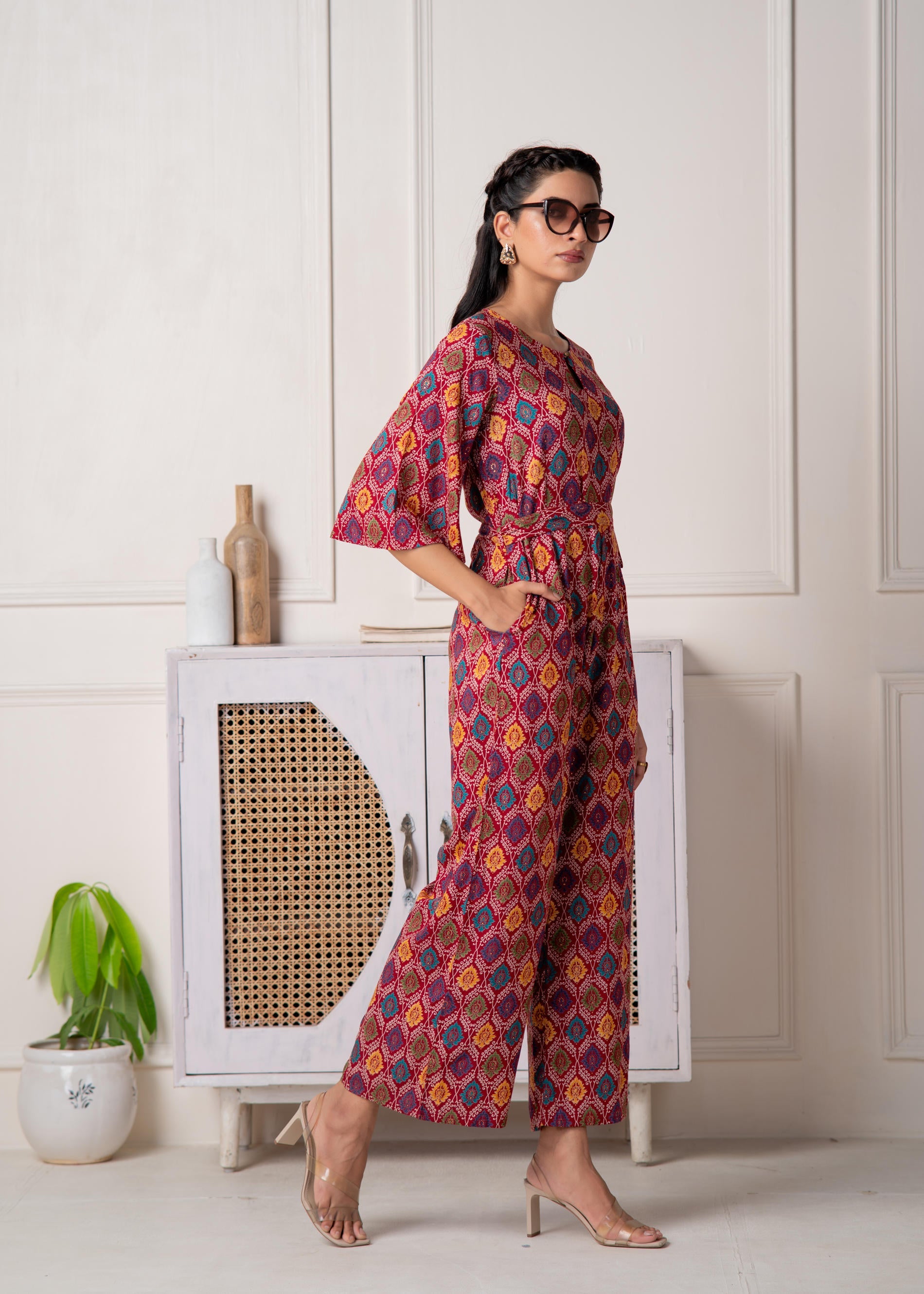 Red Floral Printed Viscose Jumpsuit with Belt