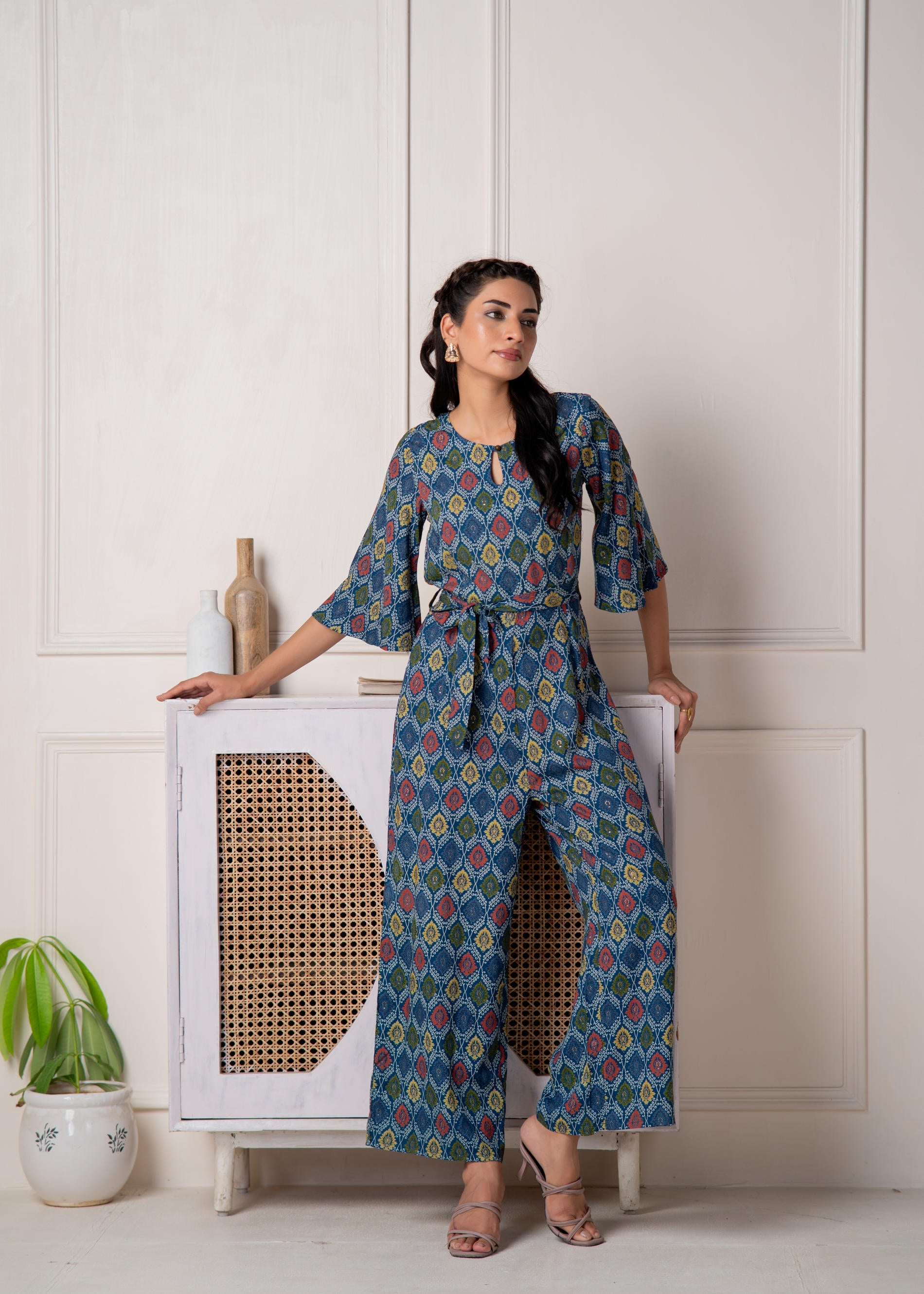 Teal Floral Printed Viscose Jumpsuit with Belt