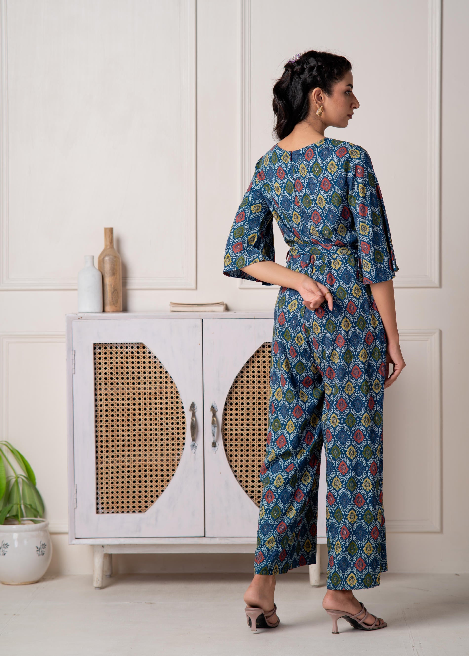 Teal Floral Printed Viscose Jumpsuit with Belt