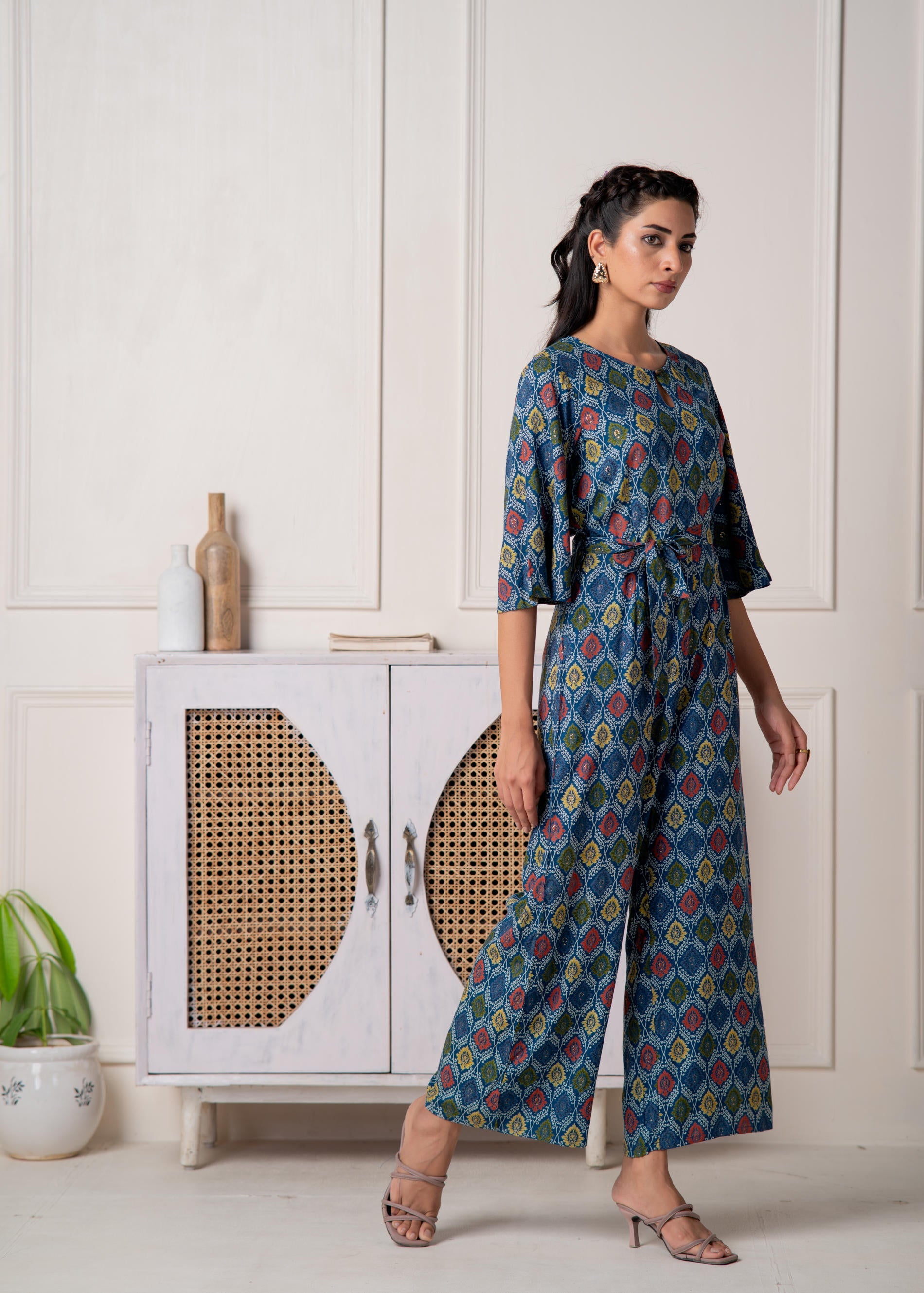 Teal Floral Printed Viscose Jumpsuit with Belt