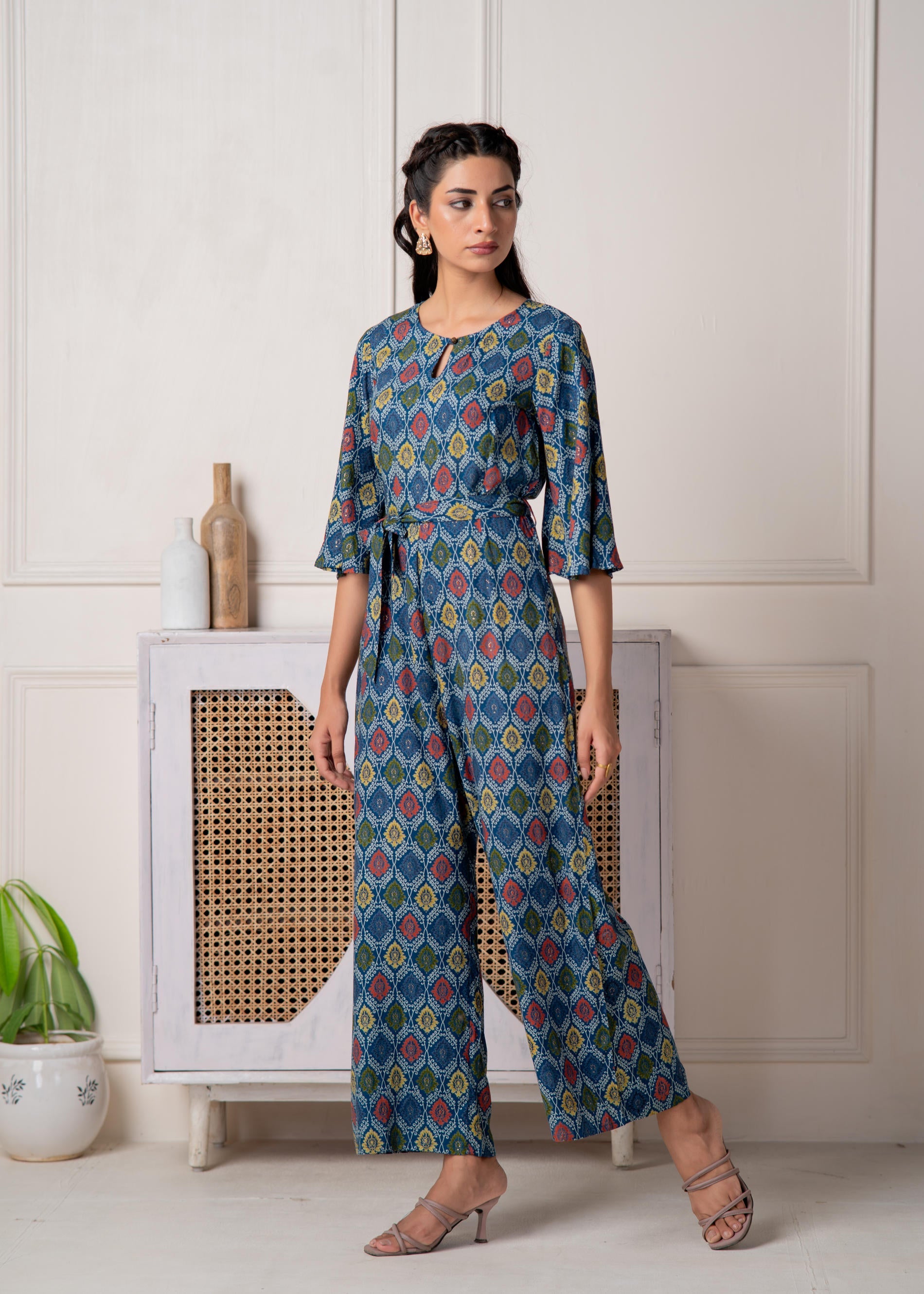 Teal Floral Printed Viscose Jumpsuit with Belt
