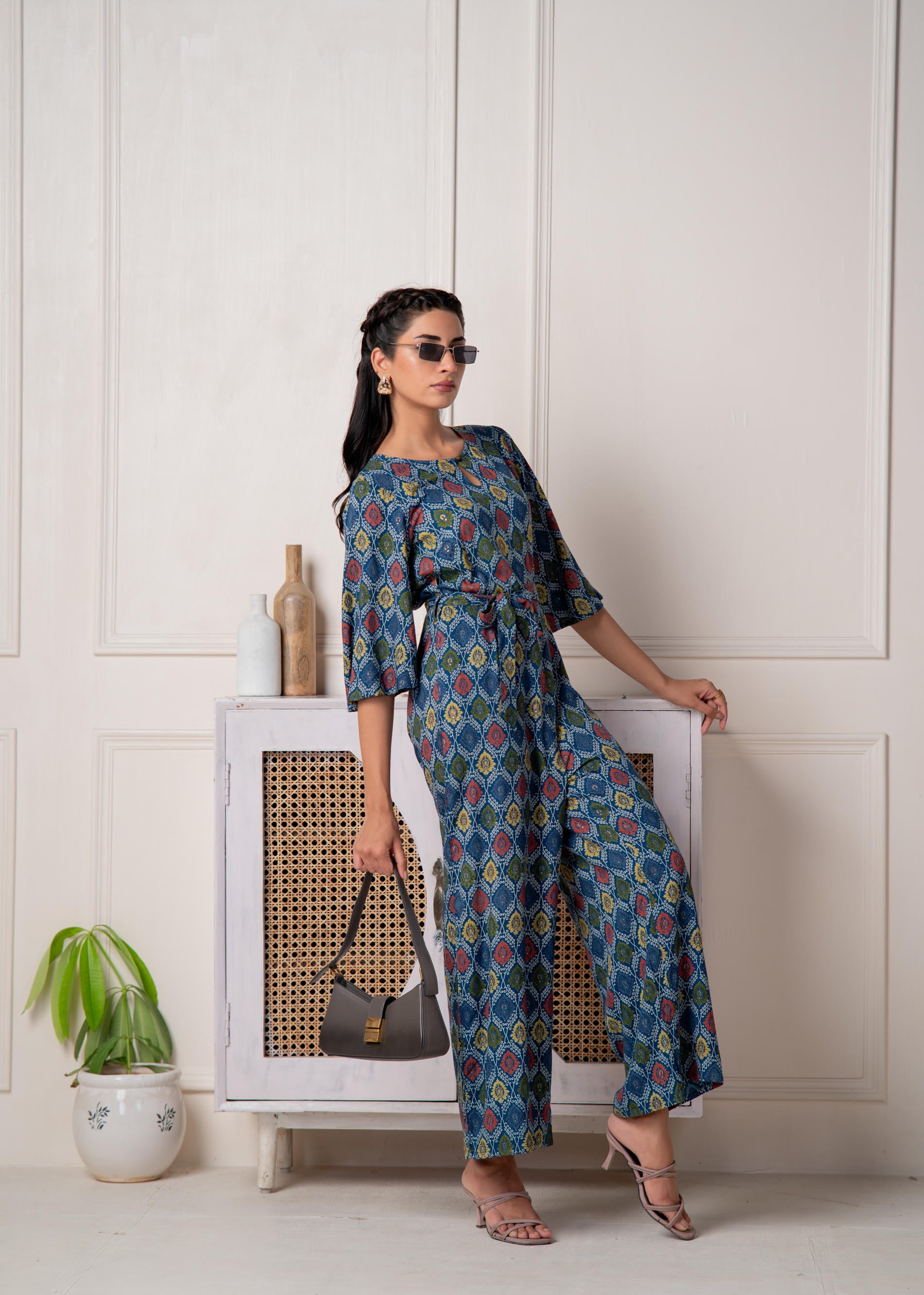 Teal Floral Printed Viscose Jumpsuit with Belt