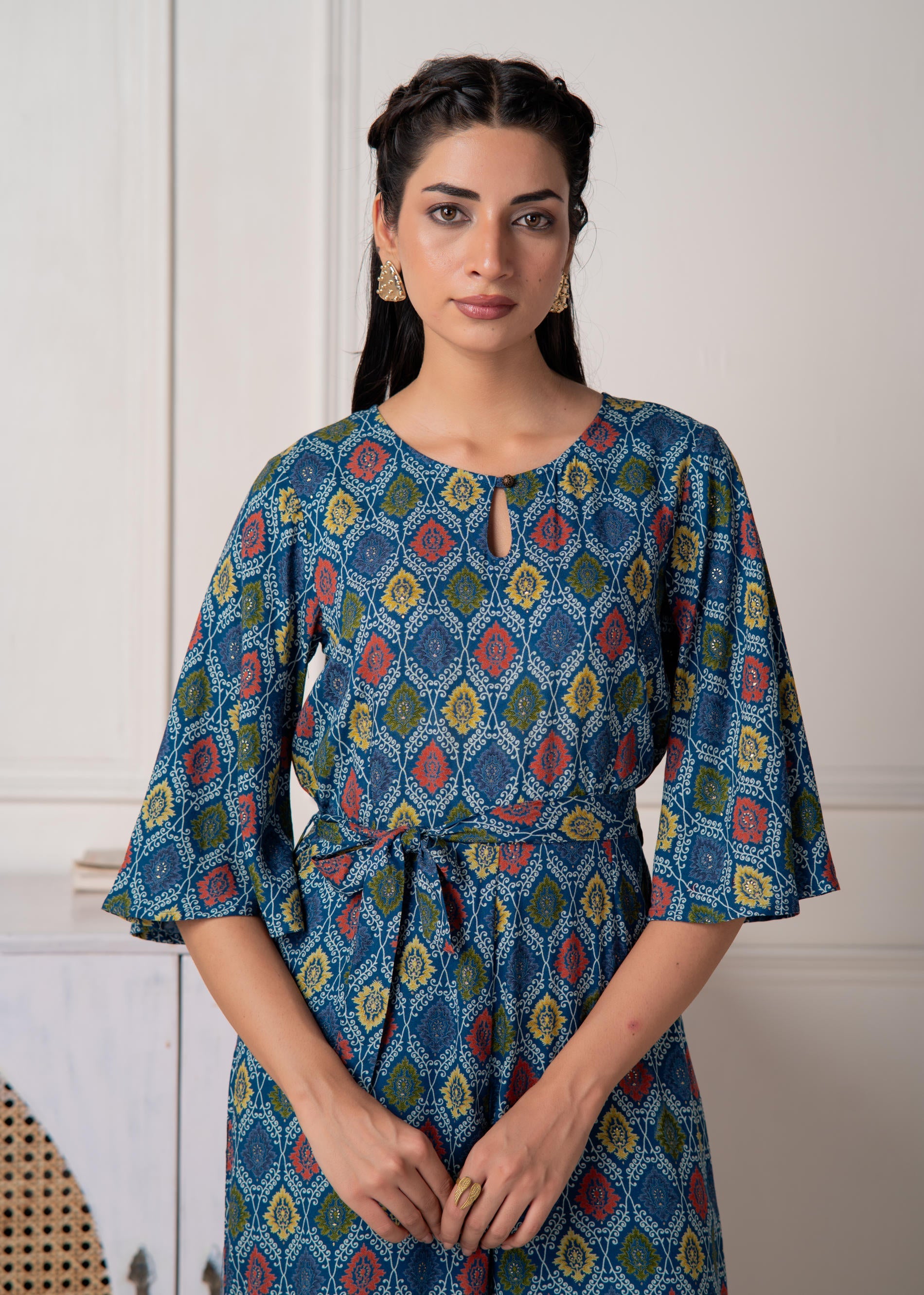 Teal Floral Printed Viscose Jumpsuit with Belt