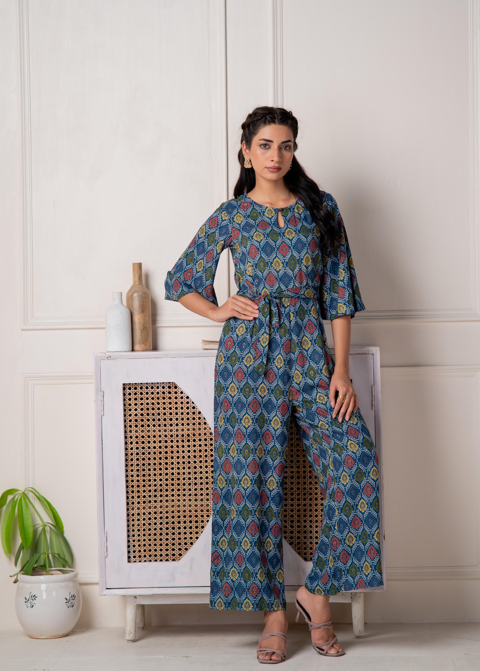 Teal Floral Printed Viscose Jumpsuit with Belt