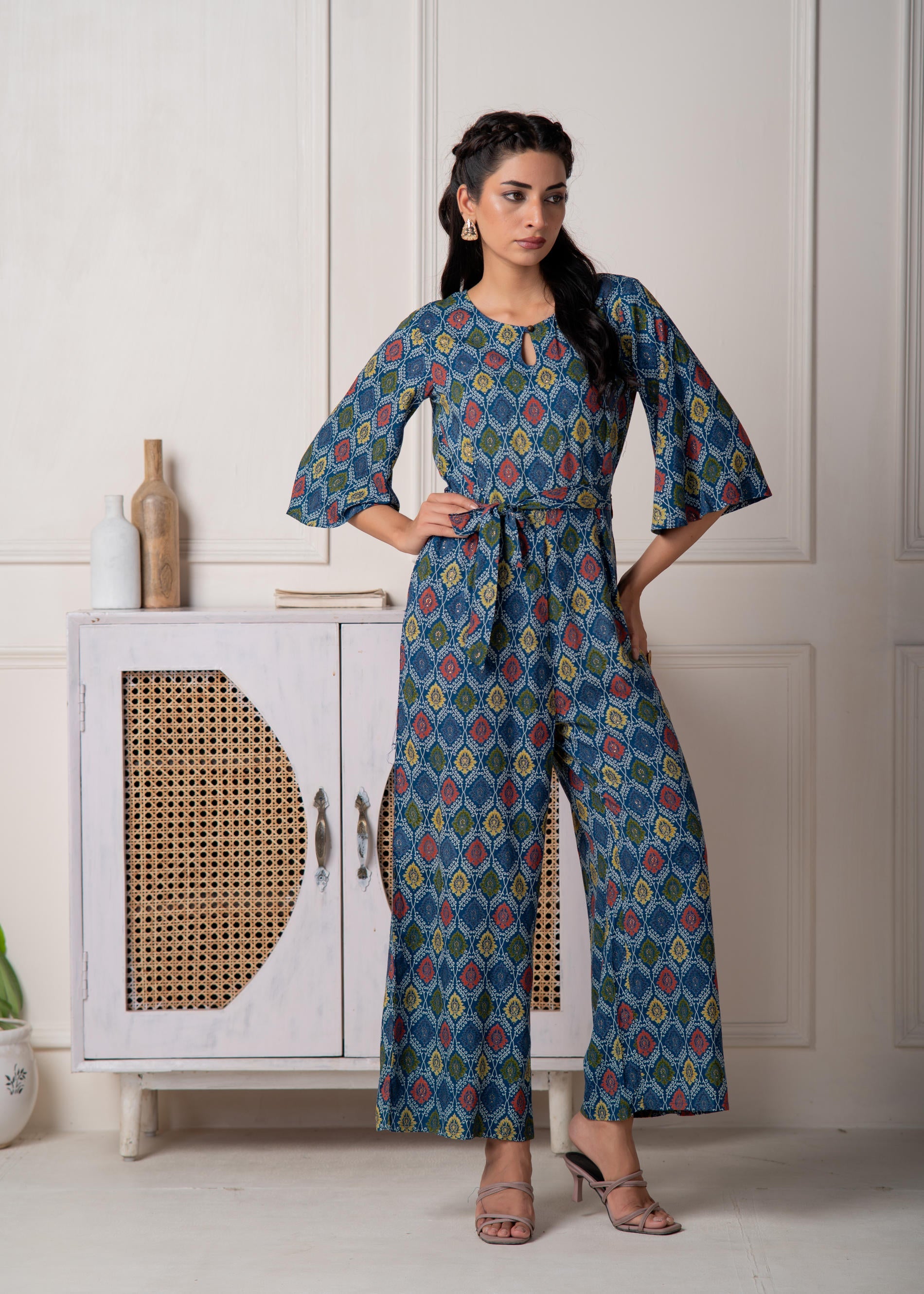 Teal Floral Printed Viscose Jumpsuit with Belt