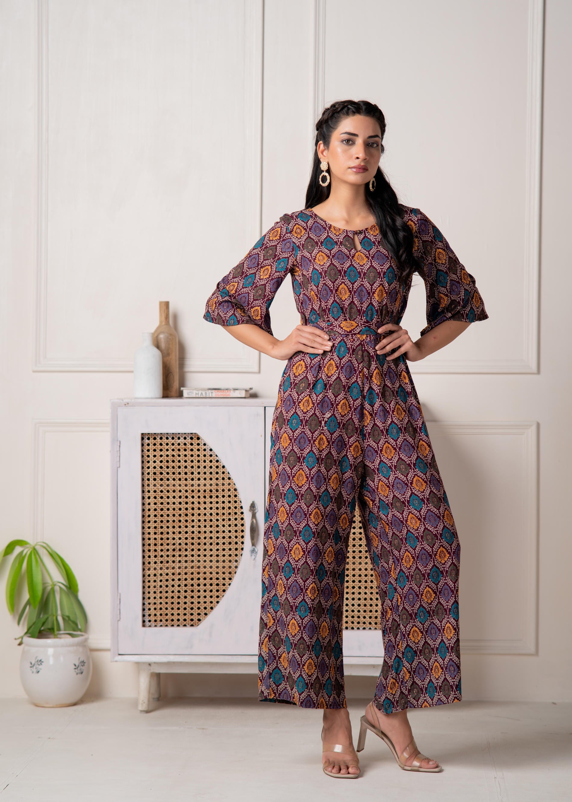 Wine Floral Printed Viscose Jumpsuit with Belt