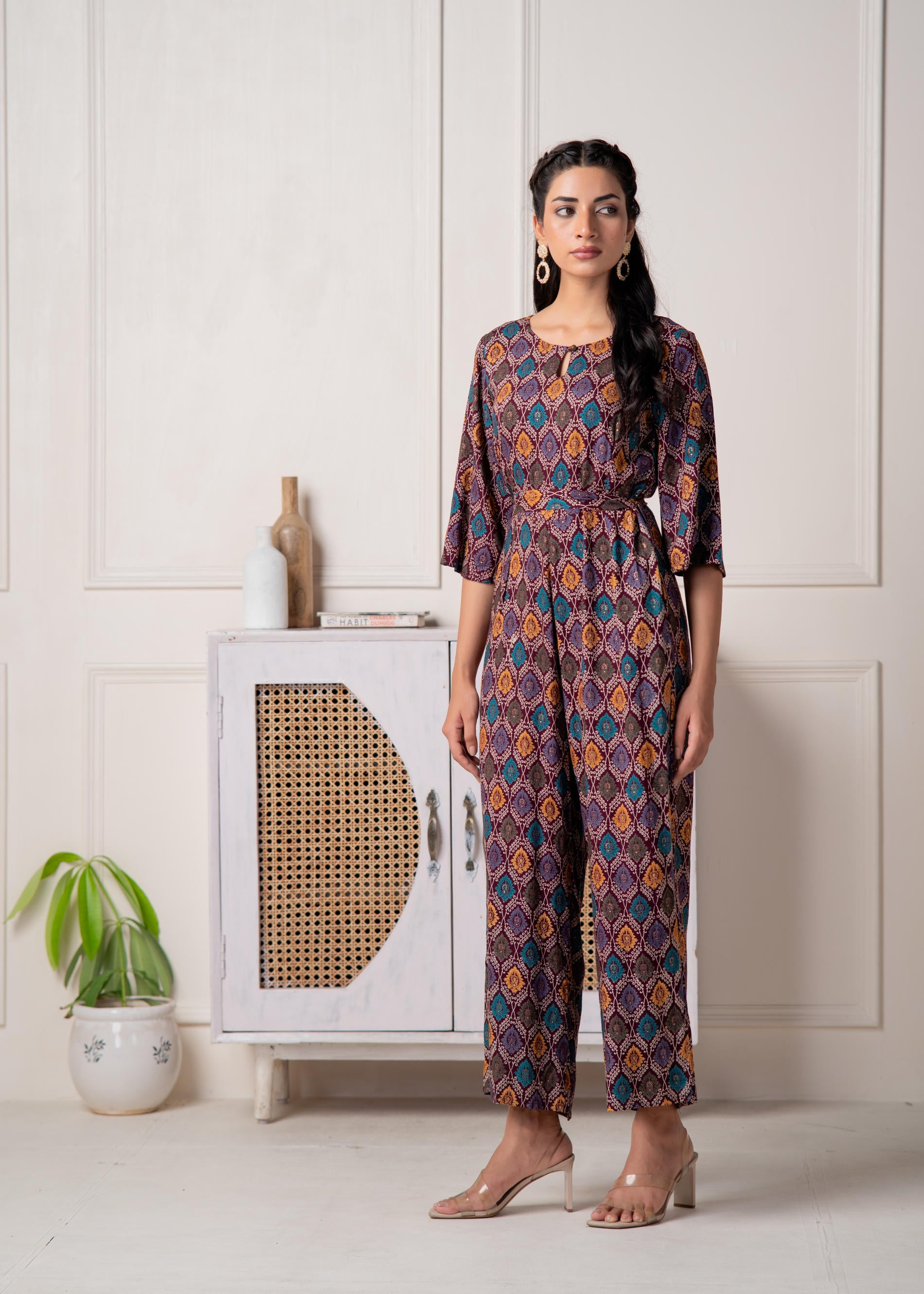 Wine Floral Printed Viscose Jumpsuit with Belt