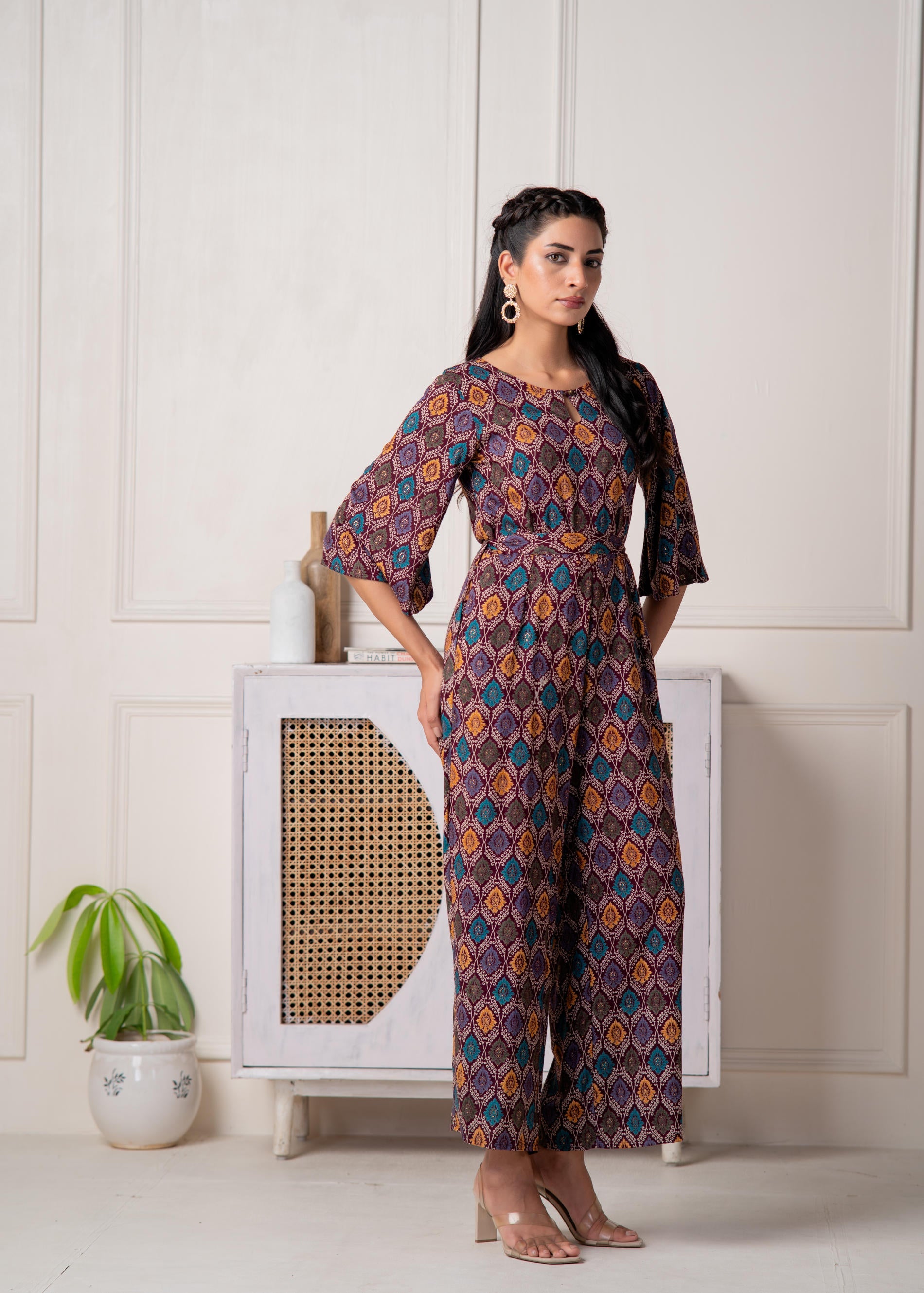 Wine Floral Printed Viscose Jumpsuit with Belt