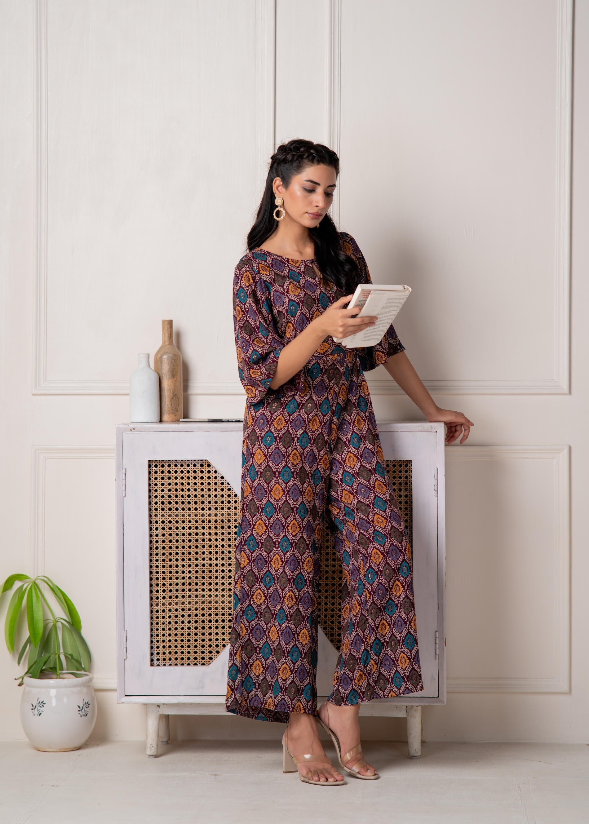 Wine Floral Printed Viscose Jumpsuit with Belt