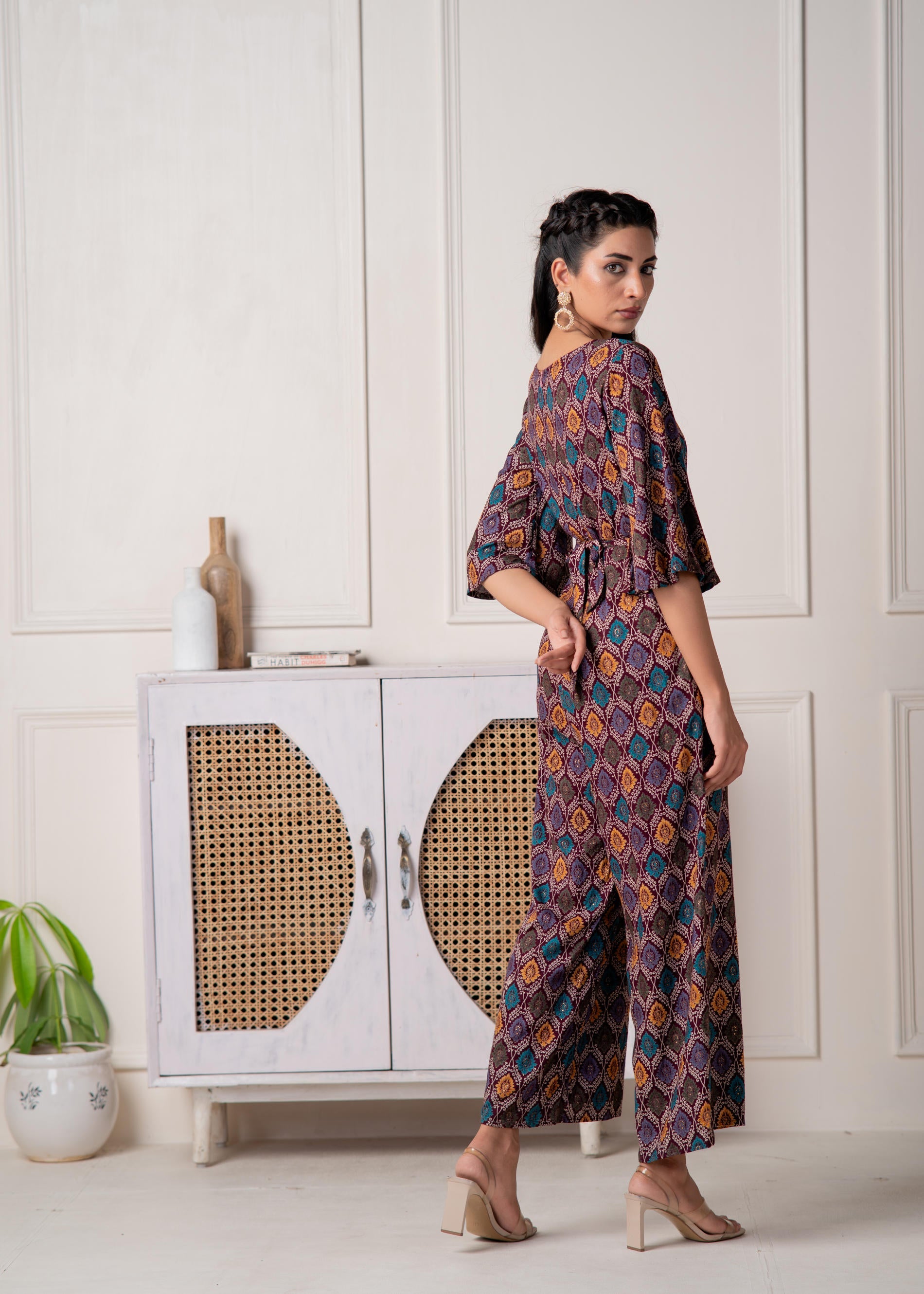 Wine Floral Printed Viscose Jumpsuit with Belt
