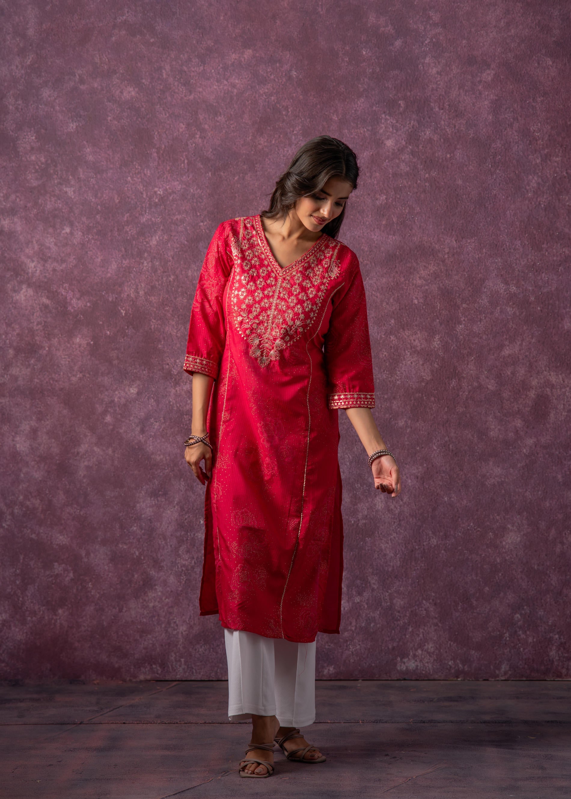 Rust Red Embroidered Straight Kurta