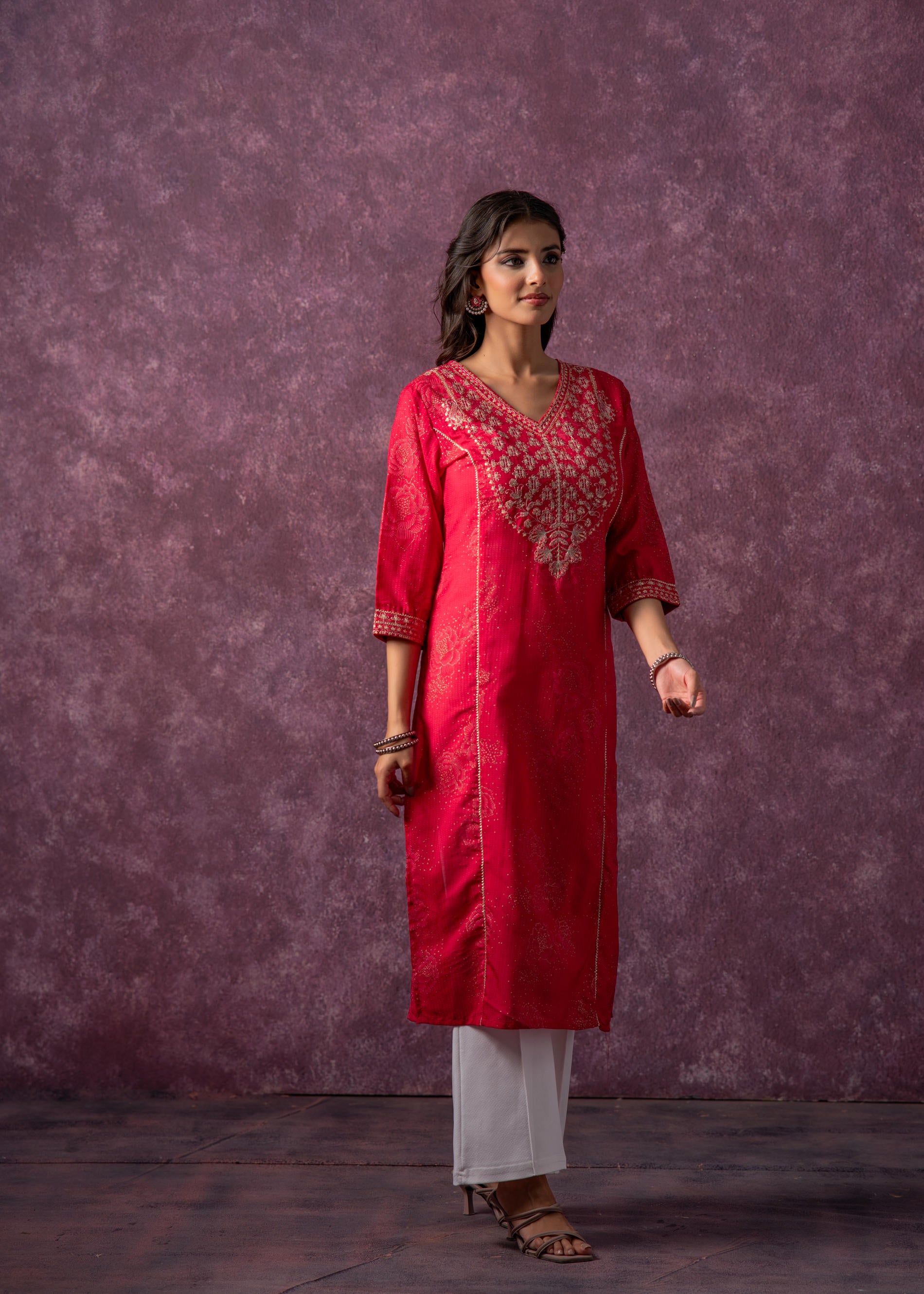 Rust Red Embroidered Straight Kurta