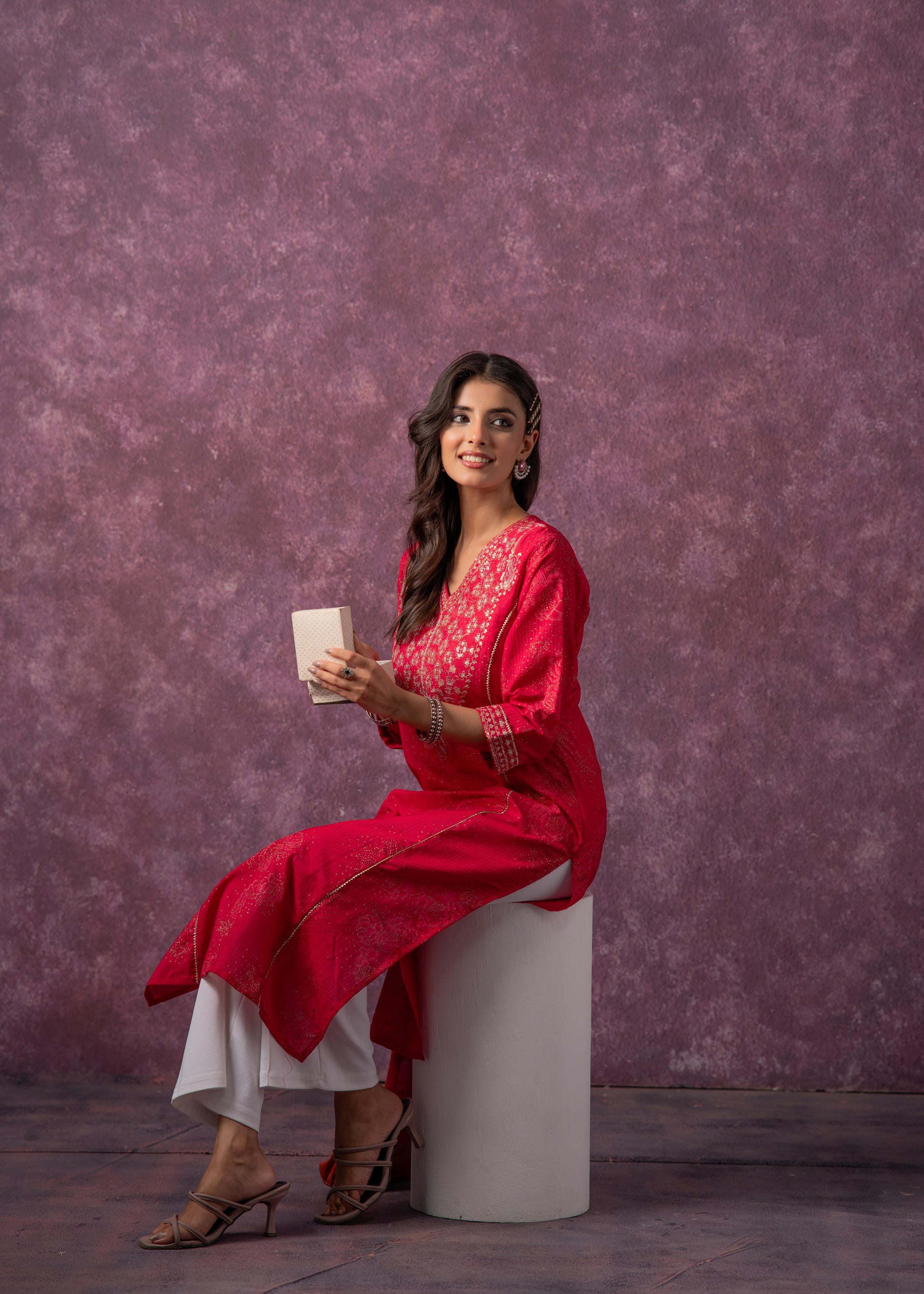 Rust Red Embroidered Straight Kurta