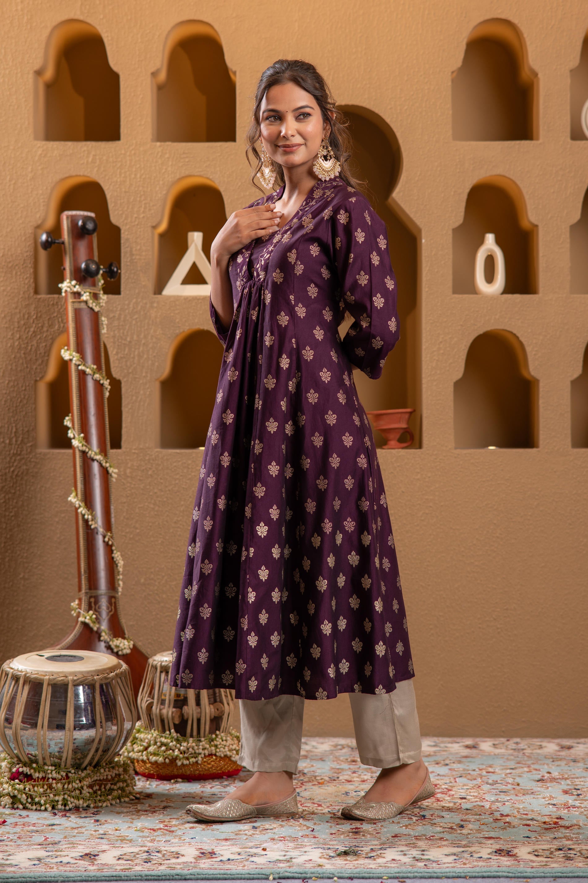 Purple Gold-Printed Anarkali Kurta