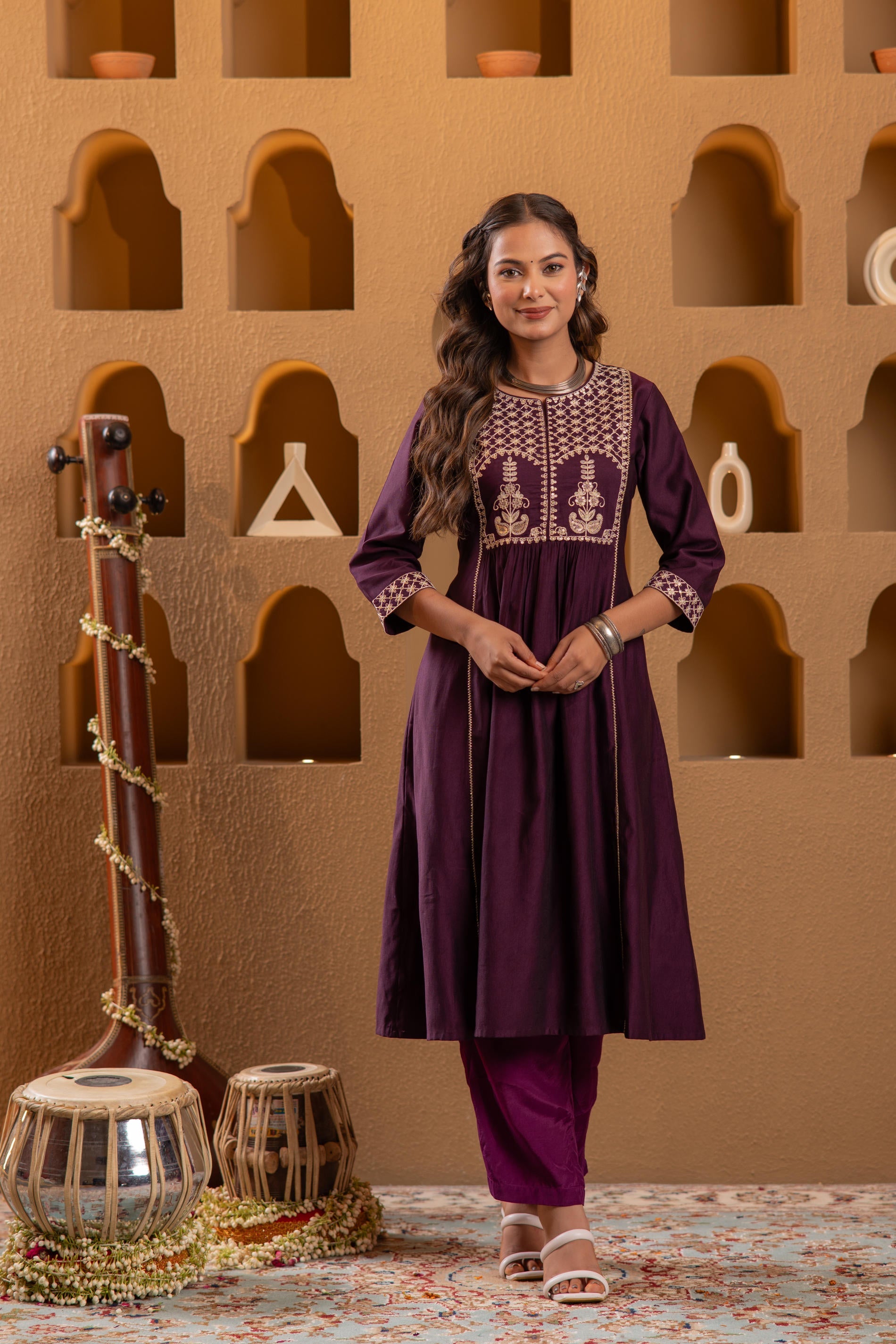 Wine Embroidered Yoke Kurta