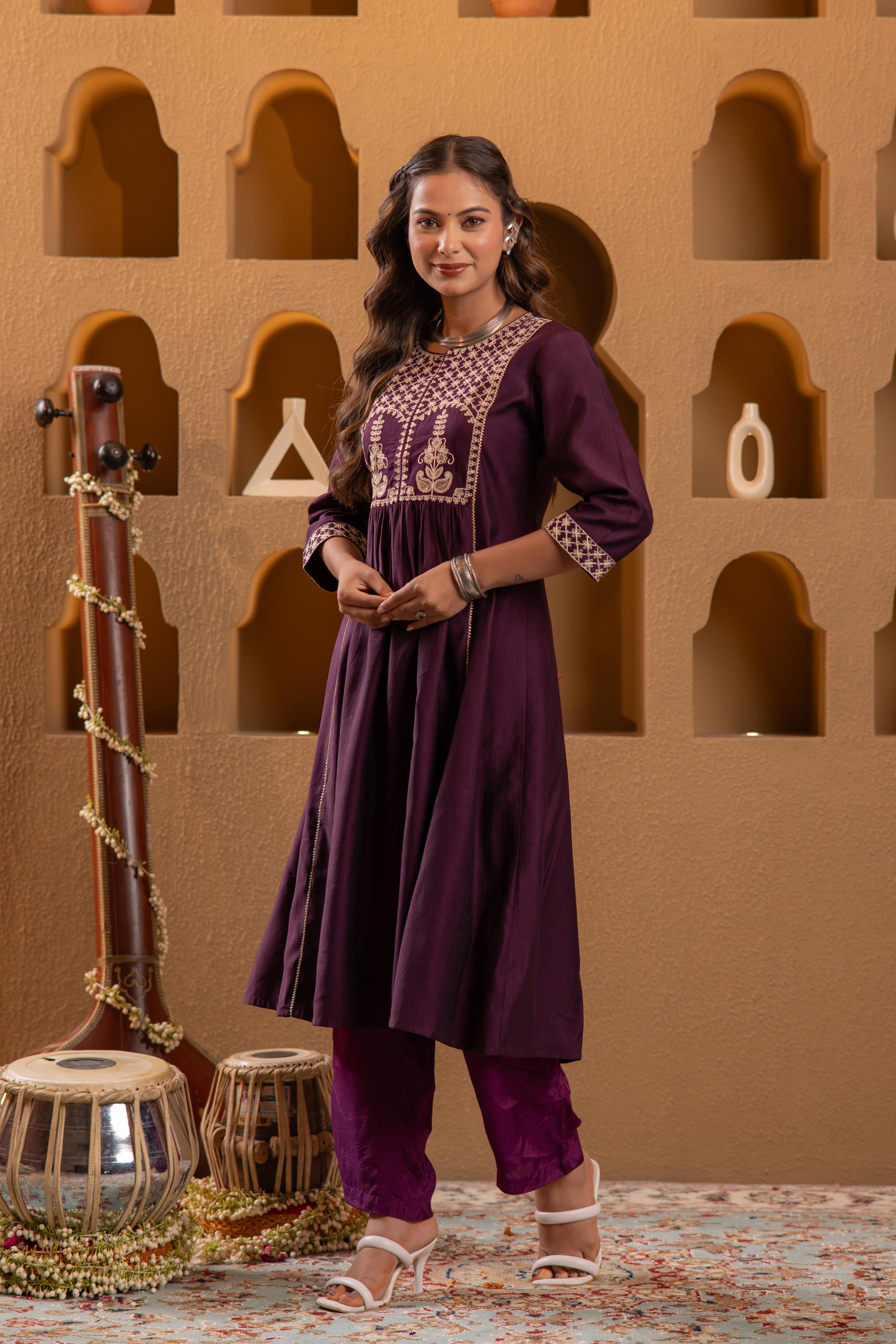Wine Embroidered Yoke Kurta